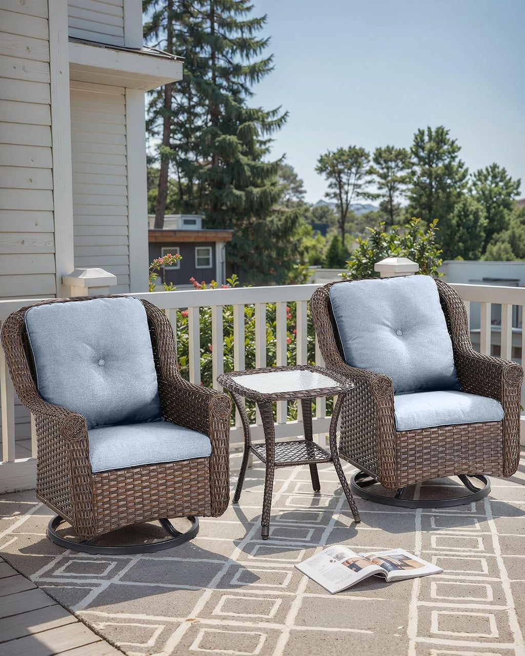 Patio Chairs Outdoor Swivel Glider - Set of 2 High Back Outside Brown Wicker Rattan Rocking Chair with Thick Cushion for Porch Apartment Deck Yard Poolside Garden - Baby Blue