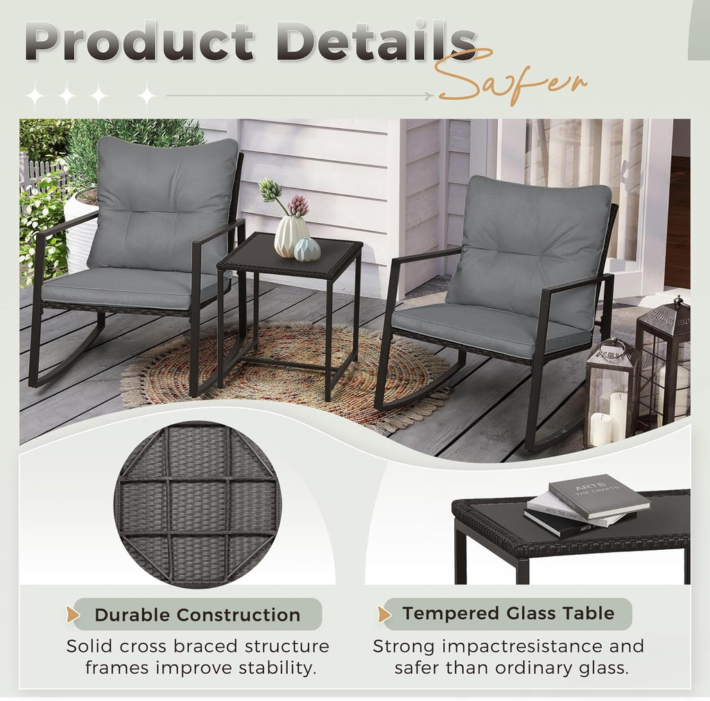 SUNCROWN 3 Piece Outdoor Rocking Bistro Set Black Wicker Furniture Porch Chairs Conversation Sets with Glass Coffee Table, Dark Grey