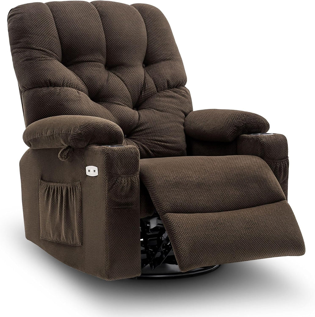 MCombo Electric Power Swivel Glider Rocker Recliner Chair with Cup Holders for Nursery, Hand Remote Control, USB Ports, 2 Side & Front Pockets, Plush Fabric 7797 (Brown)