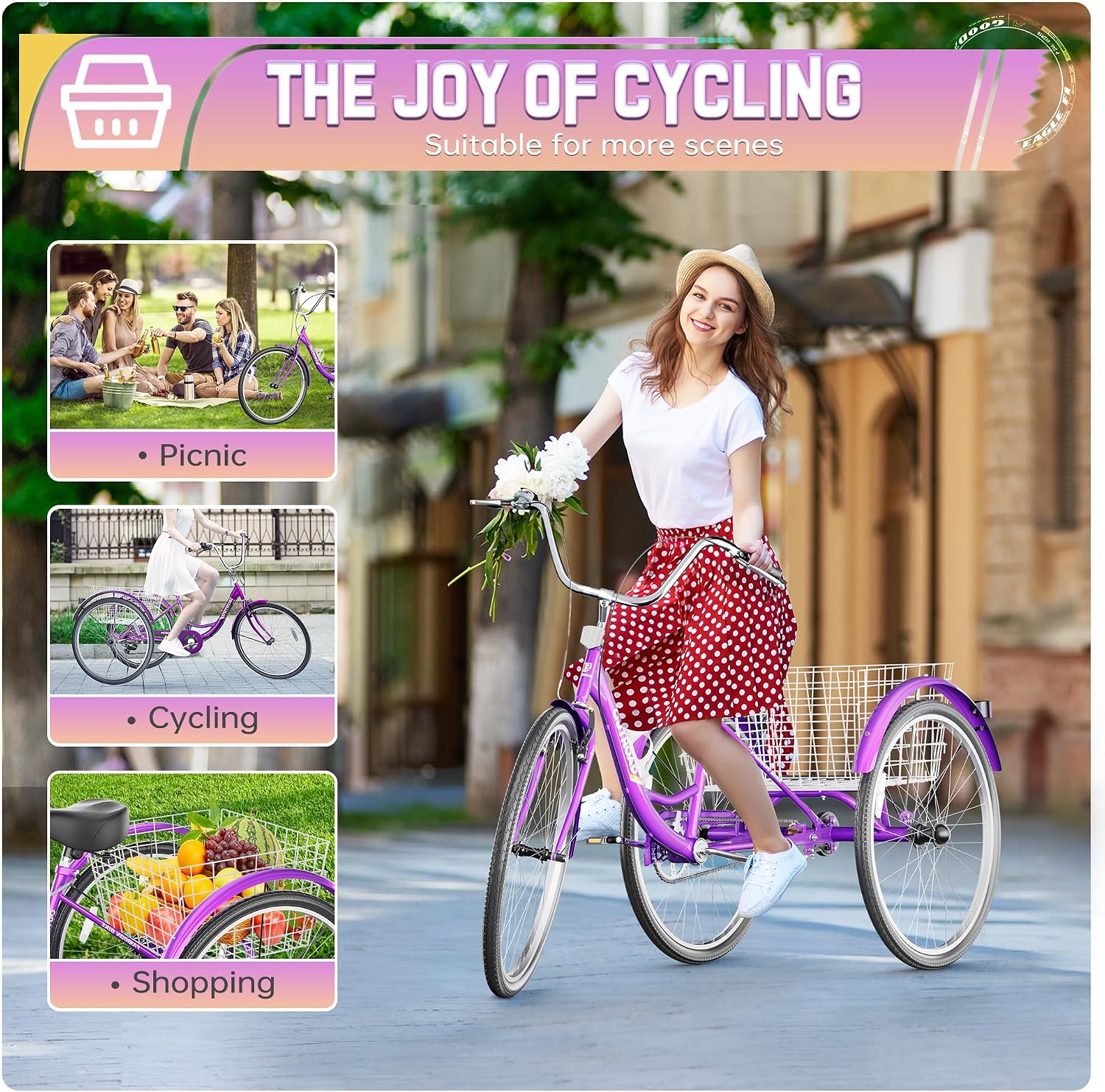 Outroad Adult Tricycle, 24/26 inch 1 Speed Cruiser Trike, 3 Wheel Bikes with Large Basket for Seniors, Women, Men, Adult Trikes for Shopping Picnic Outdoor Sports,Red Blue