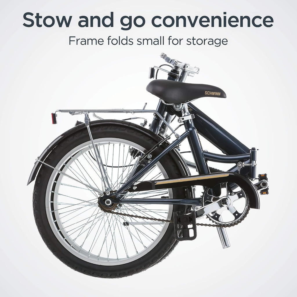Schwinn Hinge Adult Folding Bike, 20-inch Wheels, Rear Carry Rack, Carrying Bag, Multiple Colors