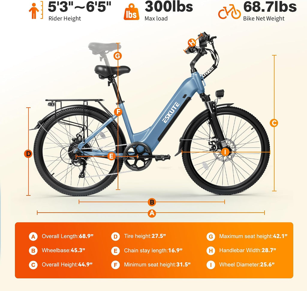 ESKUTE Electric Bike for Adults-1300w Peak Ebike, 28MPH Step Thru Electric Bicycle，70Miles 840 WH Removable Battery e-Bike, 7-Speed 26'' tire, Adjustable Stem,