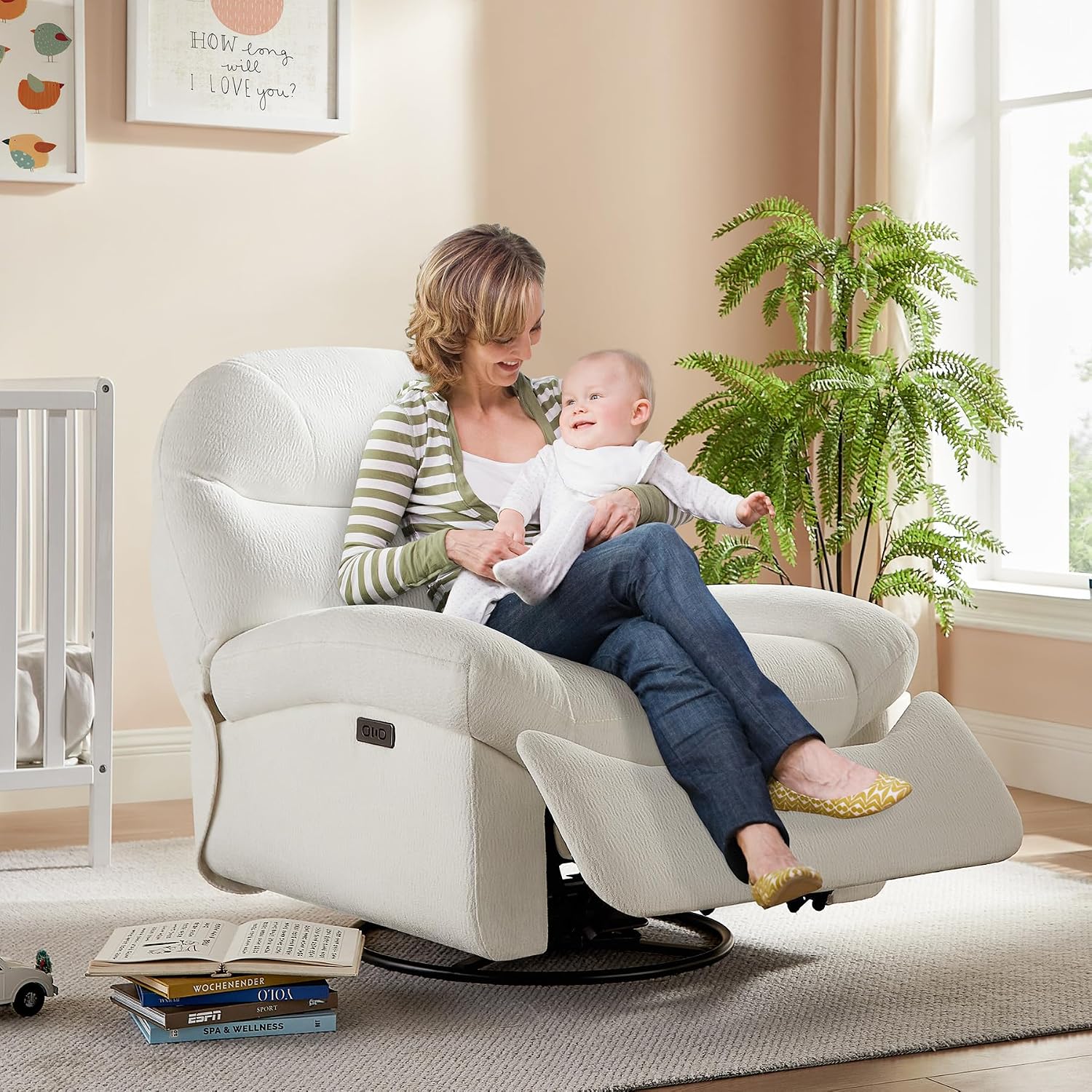 VANOMi Power Recliner Chair with Charging, 270° Swivel Glider Rocker, Electric Nursery Recliner for Living Room, Bedroom, and Office, White, Sets of 2