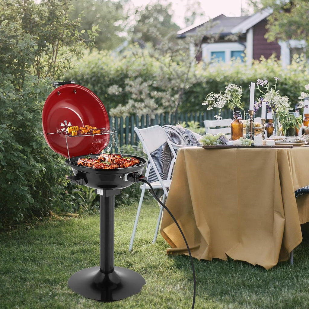 Electric Grill for Indoor Outdoor, Portable Double Layer Design Countertop BBQ Grills with Lid Stand/Tabletop Options for Barbecue Cooking (Red)