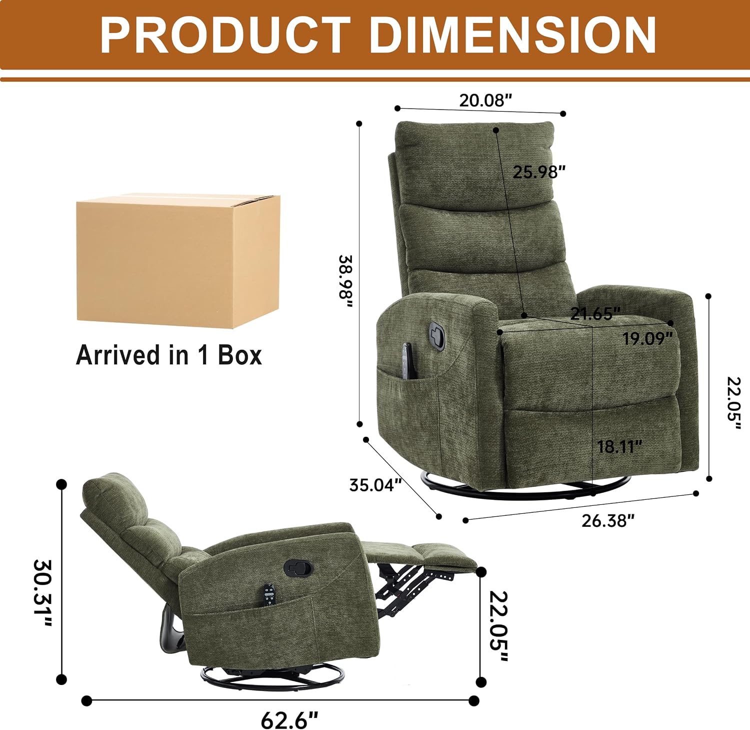 Manual Swivel Rocker Recliner Chair for Adults, Overstuffed Glider Chair for Nursing with Vibration Massage & Lumbar Heat, Living Room Rocking Recliner 3-Stage backrest, Chenille Fabric Green