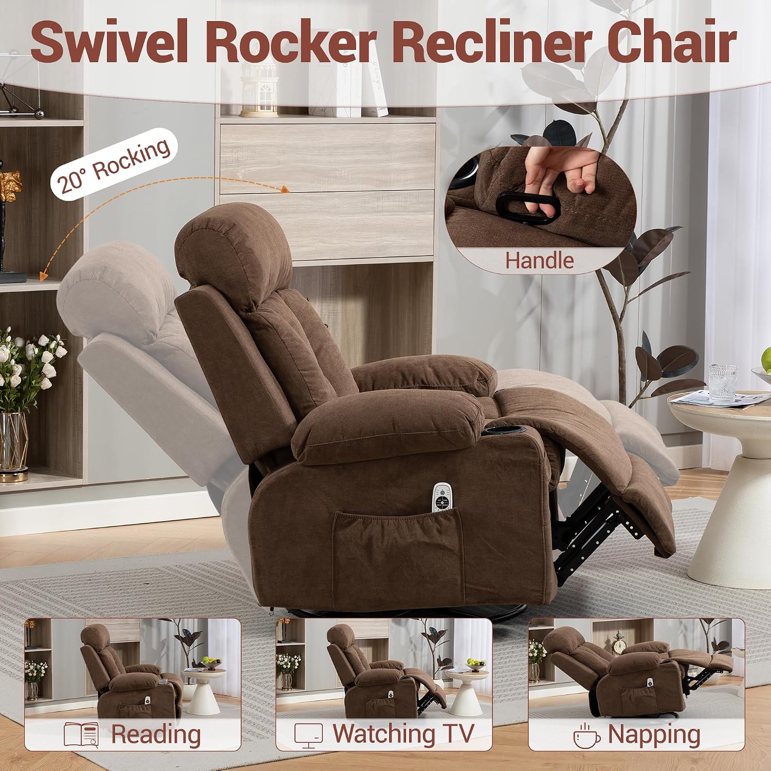 Swivel Recliner Chair for Adults w/Vibration Massage and Heating, 360° Rocker Glider Recliner w/Cup Holder and USB Charge Port for Living Room, Bedroom, Brown