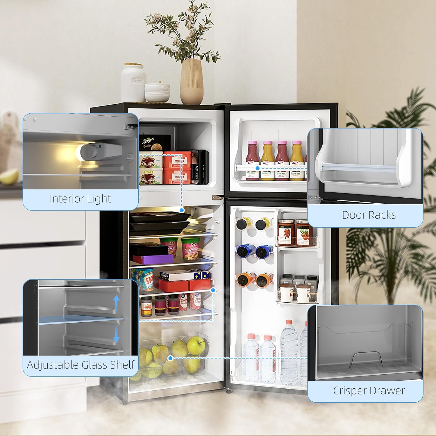 HOMCOM 4 Cu.Ft Mini Fridge with Freezer, Double Door Compact Refrigerator with Adjustable Thermostat, Shelf and Reversible Door for Bedroom, Dorm, Home Office, Energy Efficient, Black