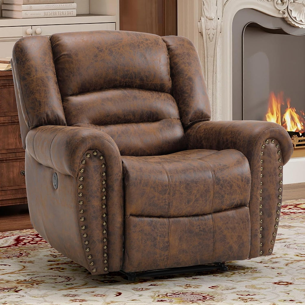 Bonzy Home Power Recliner Chair, Soft Faux Leather Recliner Chair with Thickened Padding and USB&Type-C Charging Ports, Classic Heavy Duty Single Reclining Sofa for Living Room, Nut Brown