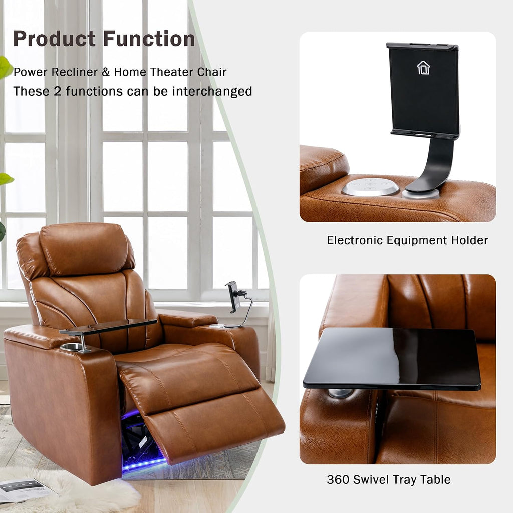 JIVOIT Power Motion Recliner Electric Power Recliner with Hidden Arm Storage, Cup Holder, Phone Holder, Tray Table, Faux Leather Rocker Chair for Small Spaces (Light Brown/78)