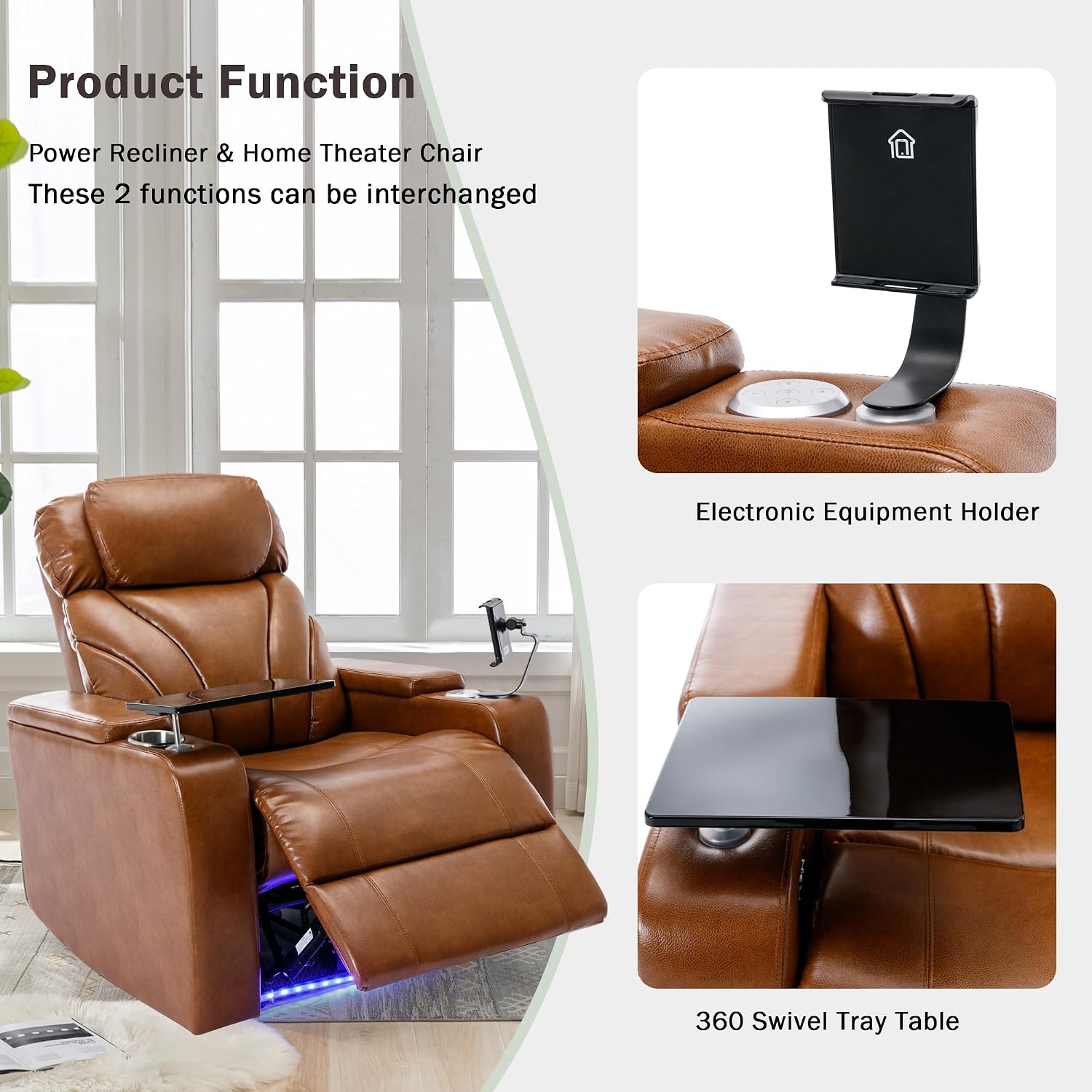 JIVOIT Power Motion Recliner Electric Power Recliner with Hidden Arm Storage, Cup Holder, Phone Holder, Tray Table, Faux Leather Rocker Chair for Small Spaces (Light Brown/78)