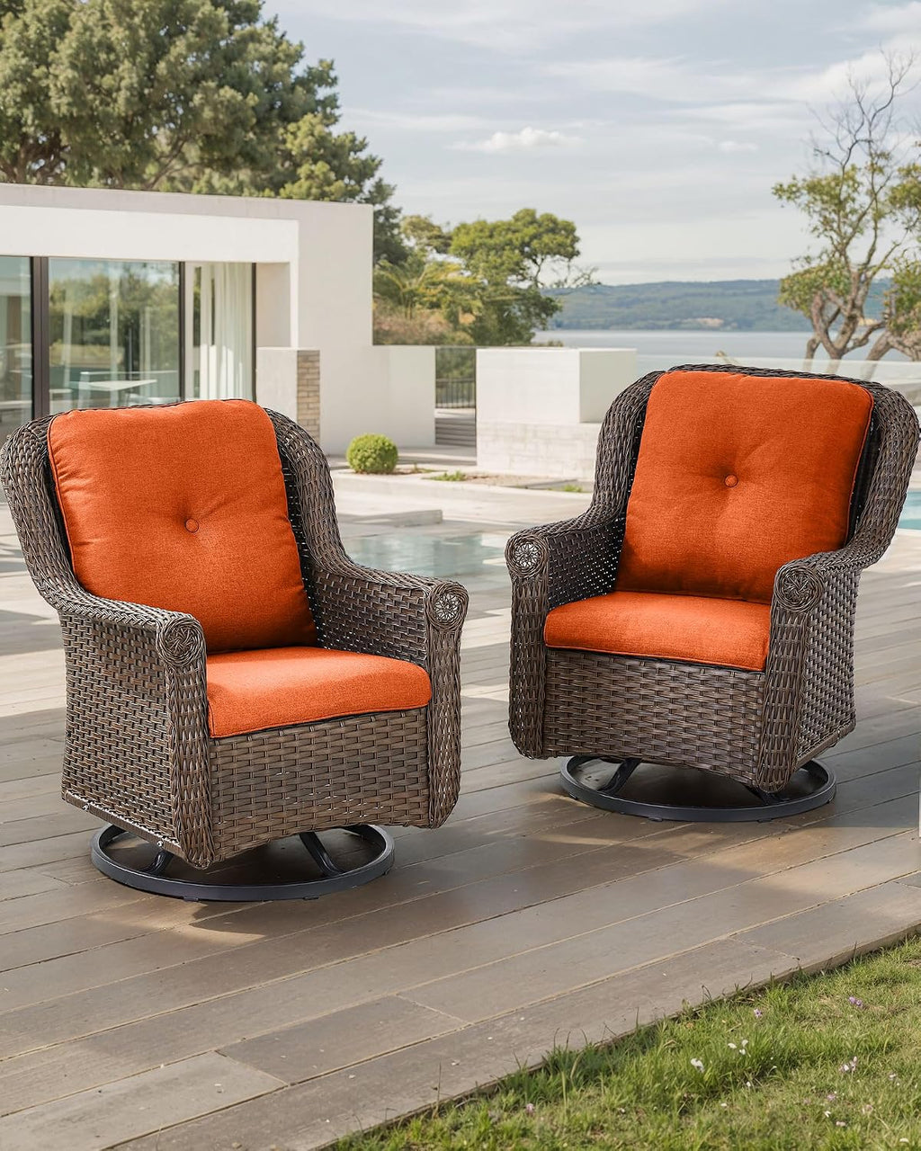 Patio Chairs Outdoor Swivel Glider - Set of 2 High Back Outside Brown Wicker Rattan Rocking Chair with Zippered Cushion for Porch Apartment Deck Yard Poolside Garden - Orange