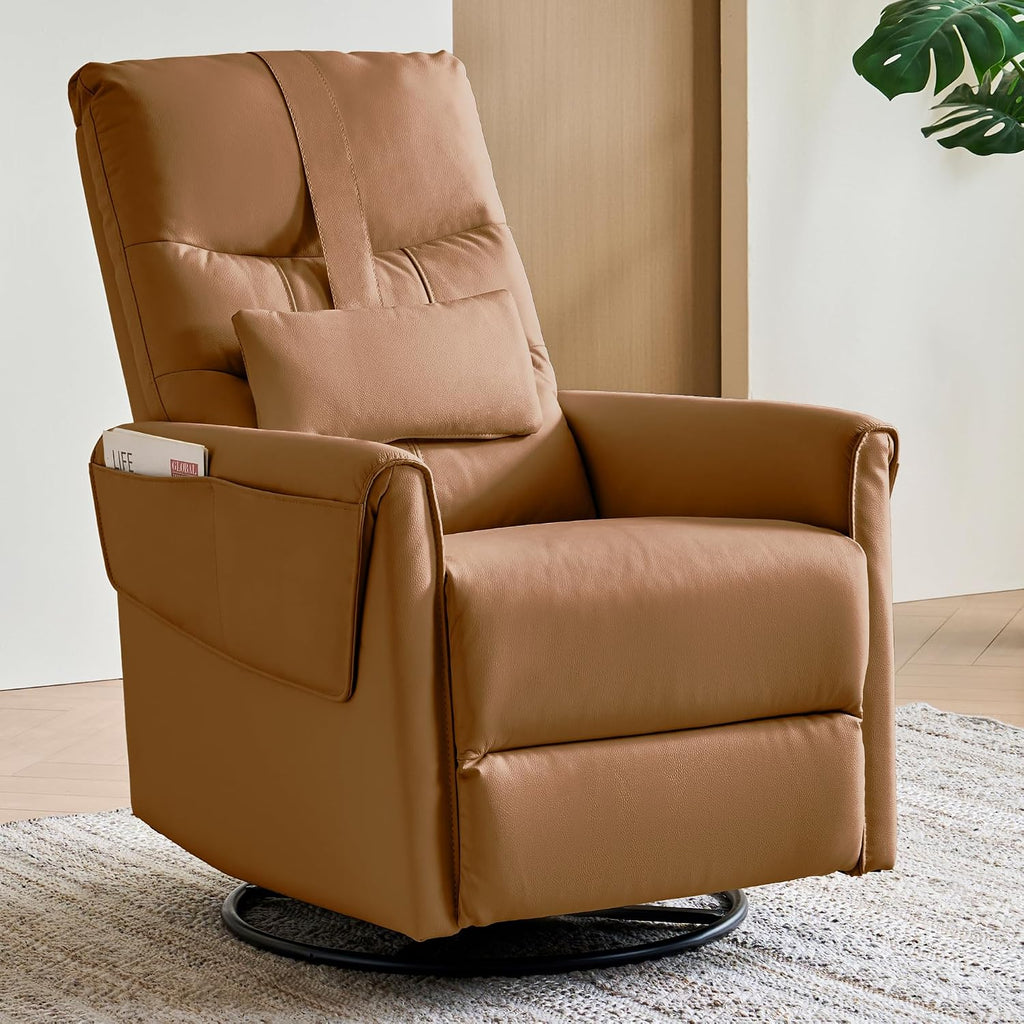 AIRSKY Leather Recliner Chair, Top Grain Leather, Italian Water-Washing Process, Movable Headrest,Swivel Rocker Recliner, Nursery Rocking Chairs,Wall Hugger Recliners, Living Room Chair, R3 (Brown)