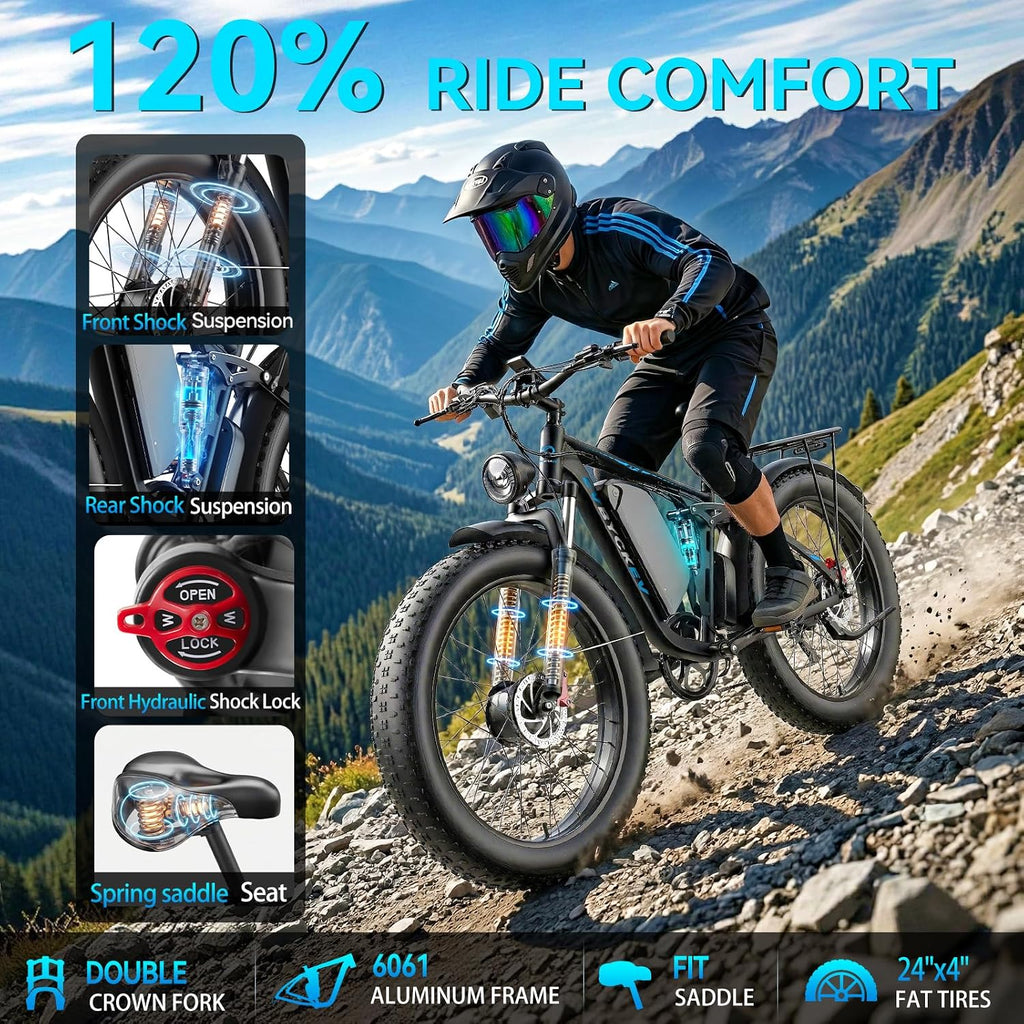 9000W Peak Electric Bike for Adults,58V Max-Output 1856Wh Dual Motor Ebike,34Ah Battery 47MPH Up to 105Miles Fast 24' x4.0 Fat Tire Ebike,Full-Suspension Mountain E-Bike for Beach Snow
