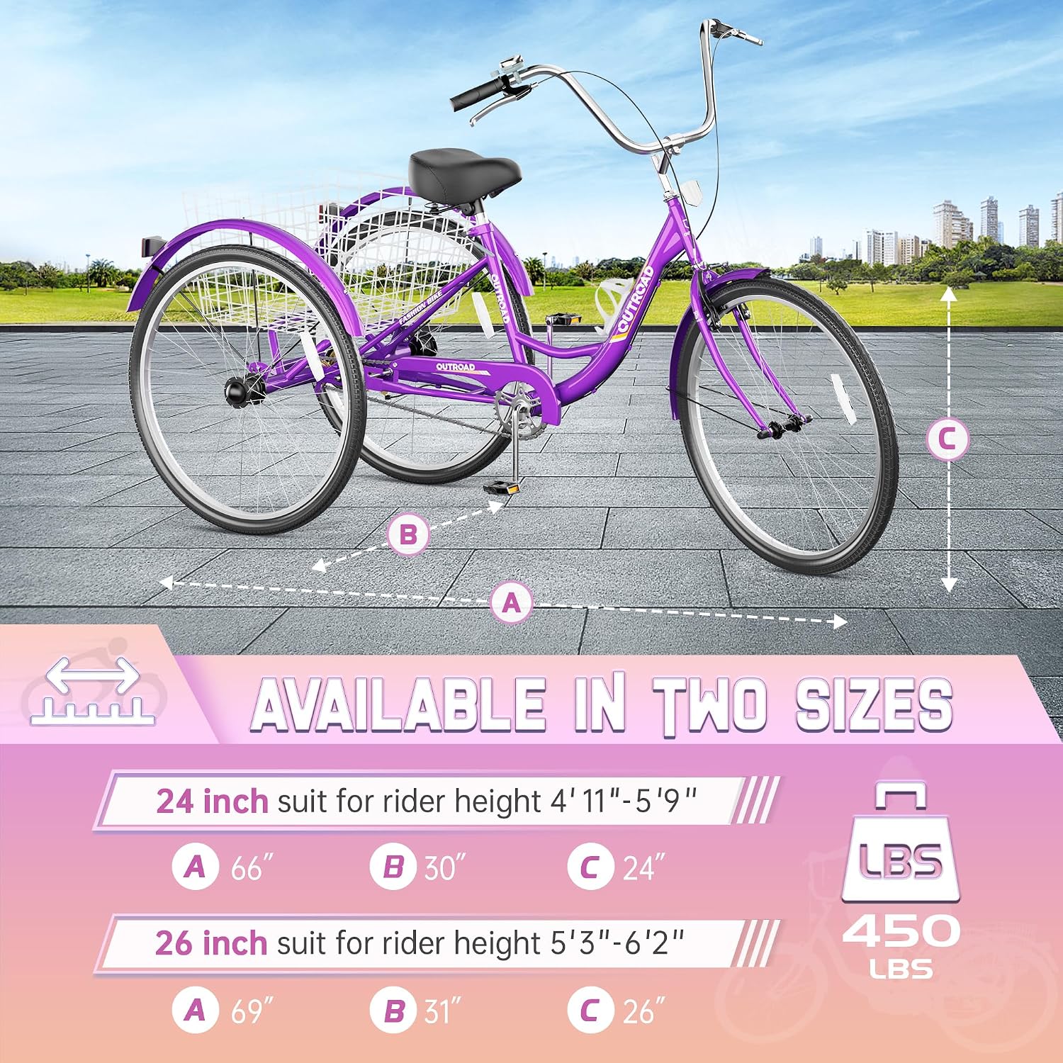 Outroad Adult Tricycle, 24/26 inch 1 Speed Cruiser Trike, 3 Wheel Bikes with Large Basket for Seniors, Women, Men, Adult Trikes for Shopping Picnic Outdoor Sports,Red Blue