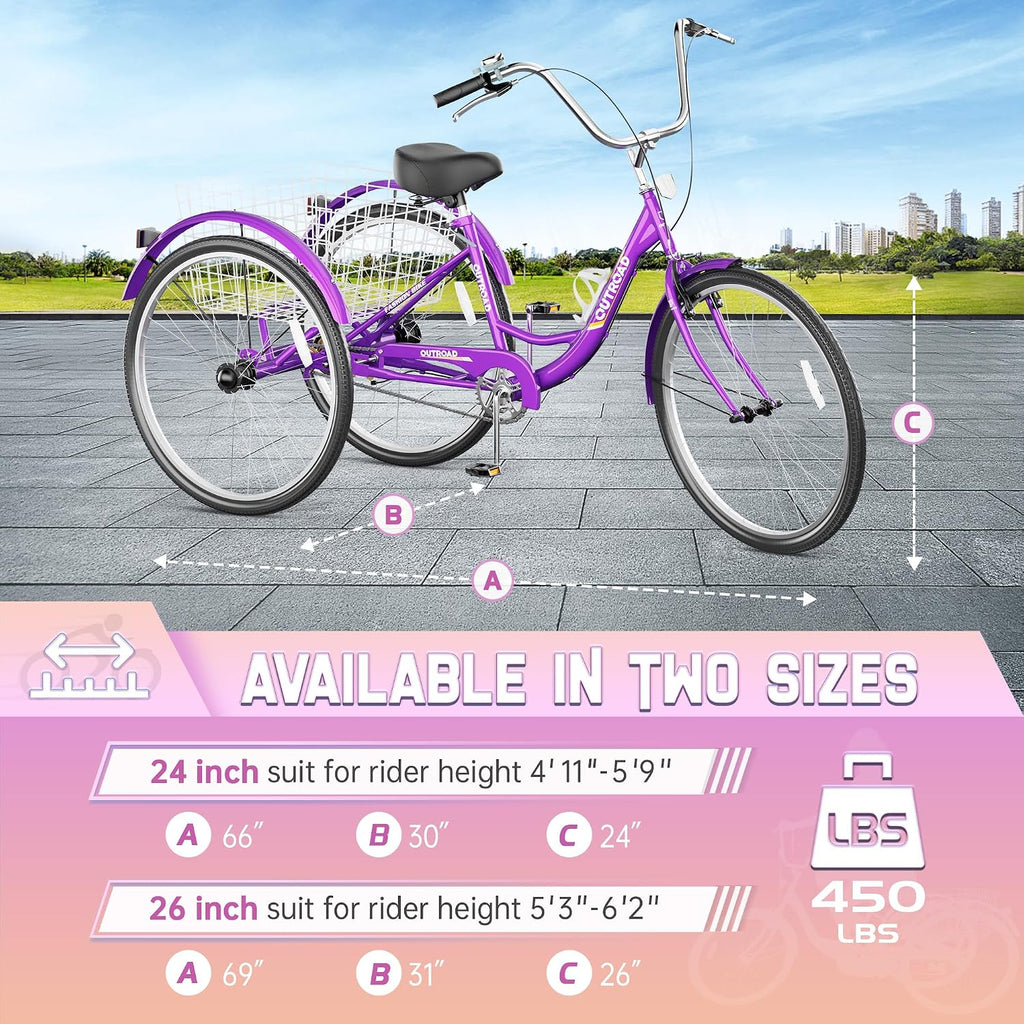 1 Speed Adult Tricycle, 3 Wheel Bikes with Large Basket, Cruiser Bike for Women/Men/Seniors, Adult Trike for Outdoor/Shopping/Recreation/Picnic(24Inch Purple)