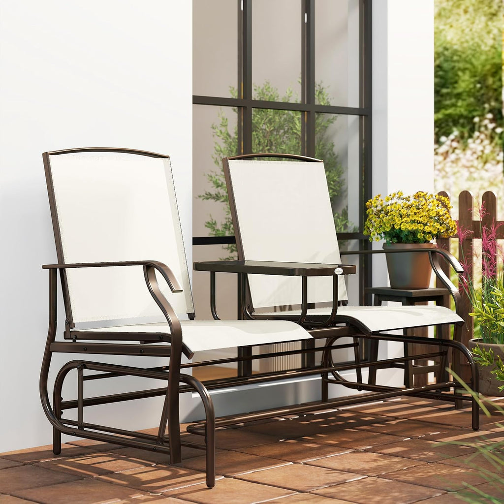 Outsunny Outdoor Glider Bench with Center Table, Metal Frame Patio Loveseat with Breathable Mesh Fabric and Armrests for Backyard Garden Porch, Beige