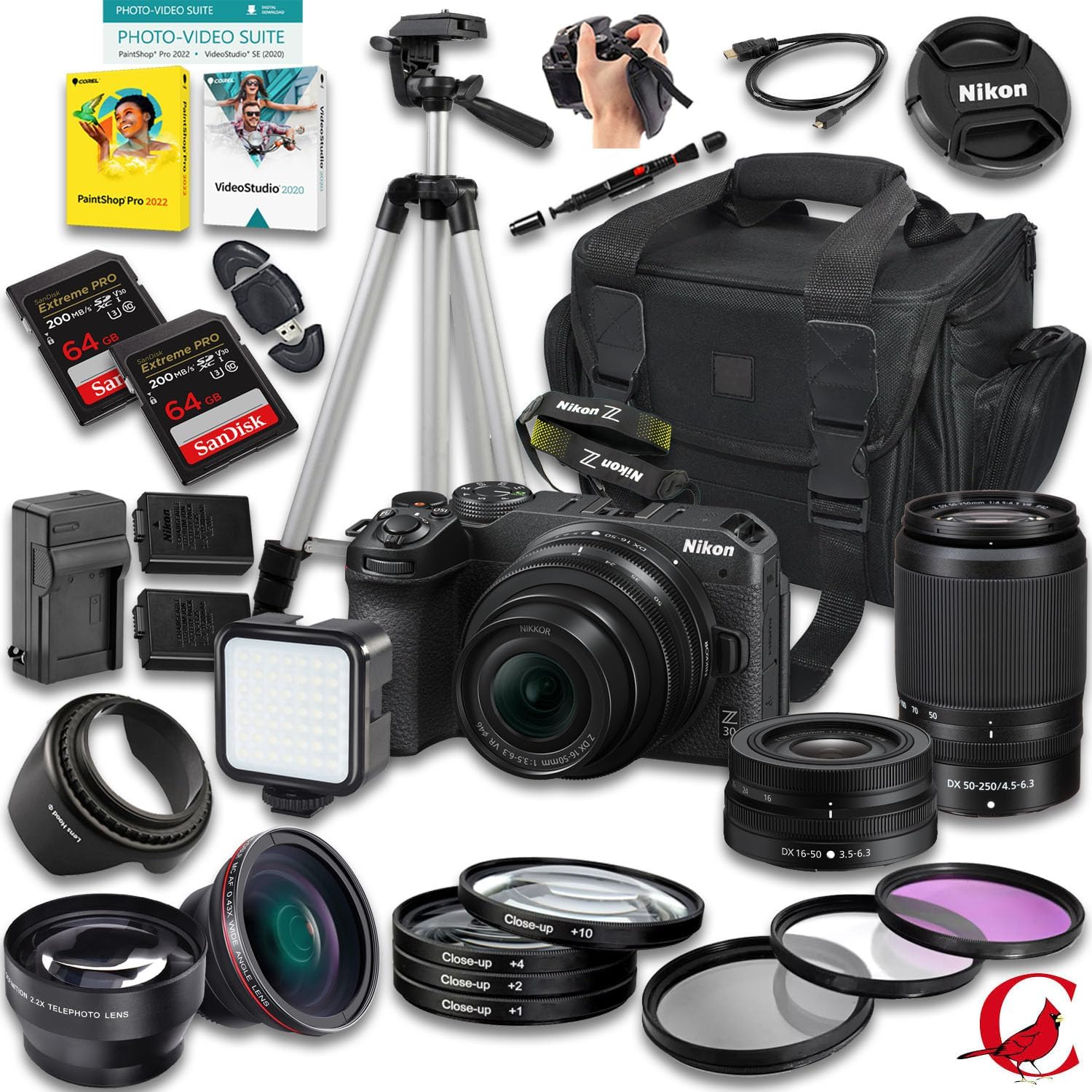 Nikon Z30 Mirrorless Camera with Z DX 16-50mm f/3.5-6.3 VR and 50-250mm f/4.5-6.3 VR Lens + 128 GB Memory + Extra Battery + Camera Case + Tripod + More (31pc Bundle)