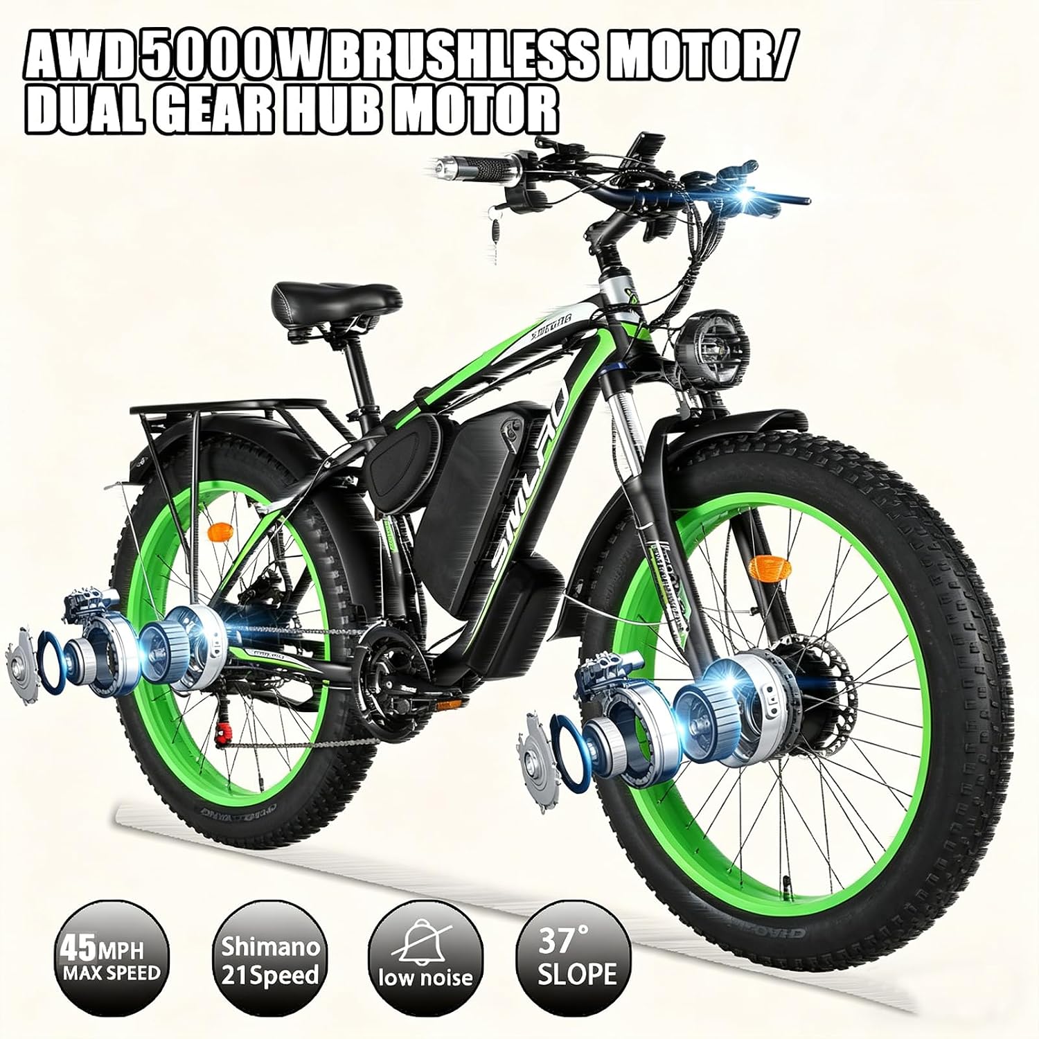 6000W Peak Dual Motor Electric Bike for Adults, 60V 25AH Battery, 45MPH & 100 Miles Range,21-Speed Full Suspension, 26' x 4.0' Fat Tire Off-Road E-Bike for All Terrain Snow Sand