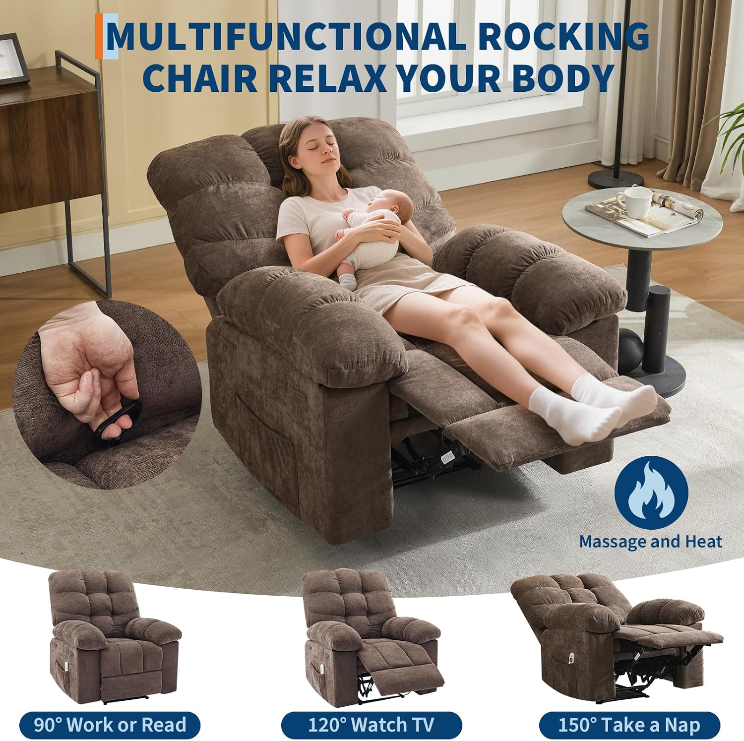 Recliner Rocking Chair with Massage & Heat, Wide Overstuffed Fabric Recliner with Breathable Upholstery, Ergonomic Design, 2 Side Pockets & Remote Control for Living Room or Bedroom (Darkbrown)