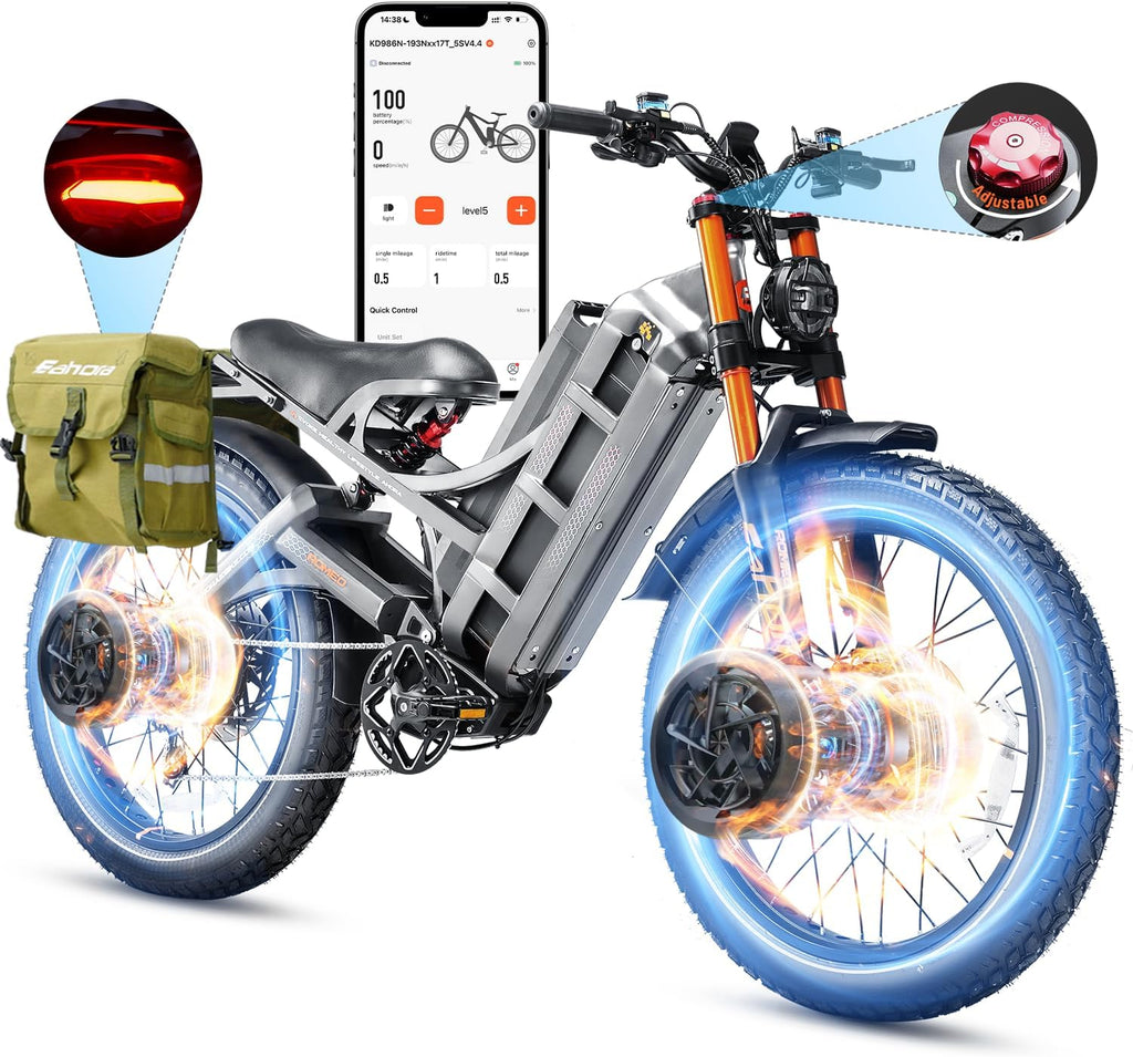 eAhora 2026 Romeo Pro 3 5600W 50Mph High-Torque Ebike, 60V 80Ah 250-Mile Long Range Electric Bike for Adults, Adjustable Air Suspension, 26'' Puncture-Proof Tire, UL 2849 Certified by TÜV