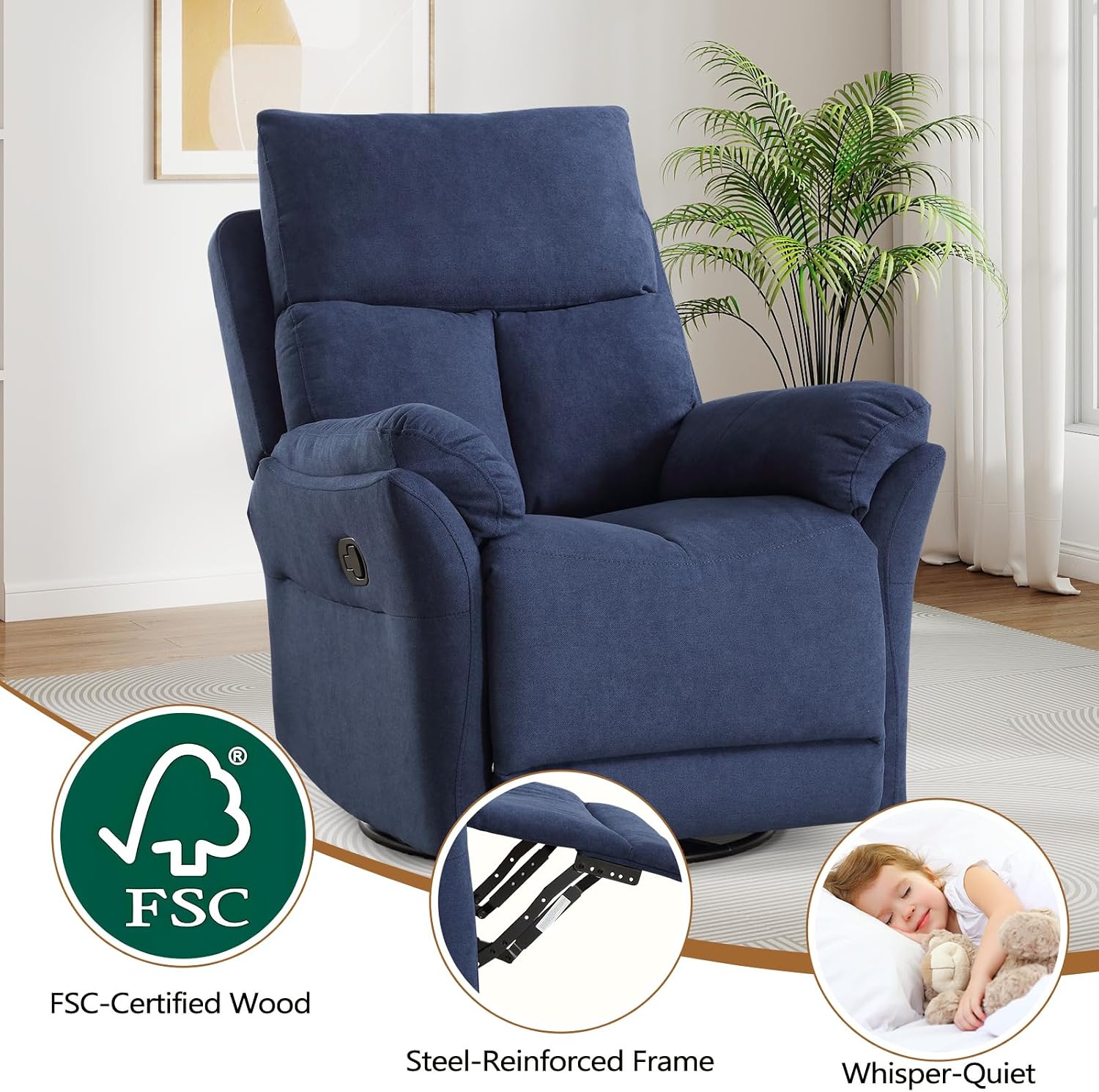 ANJ Swivel Rocker Recliner Nursery Rocking Chairs, Manual Glider Rocking Chair for Adults, Modern Fabric Recliners, 360° Swivel Lazy Boy Recliner Chairs for Living Room, rv, Blue