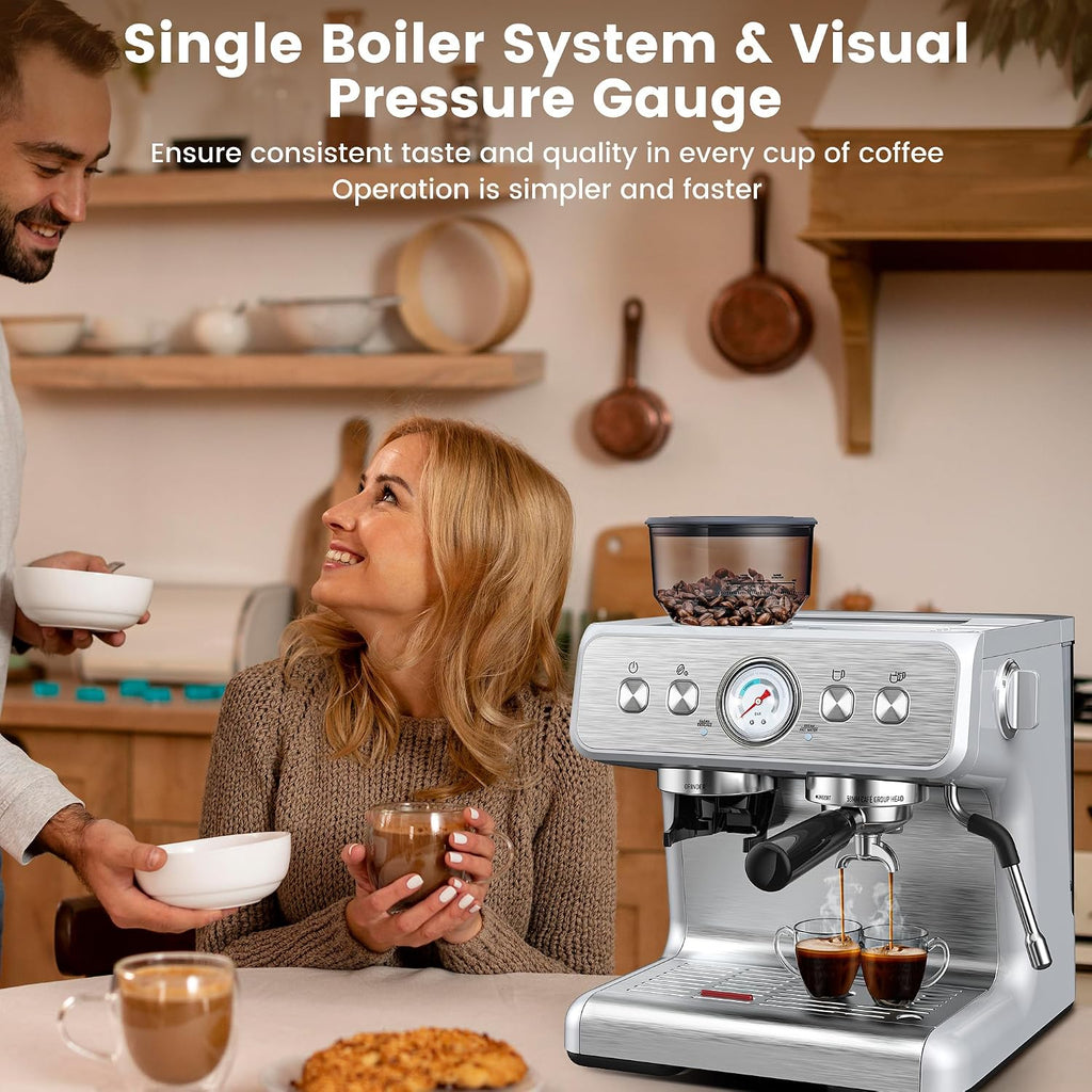 Espresso Machine with Built-in Grinder,Professional 15 Bar Espresso Maker with Milk Frother Steam Wand,Stainless Steel Espresso Coffee Machine with Removable Water Tank for Cappuccino, Latte