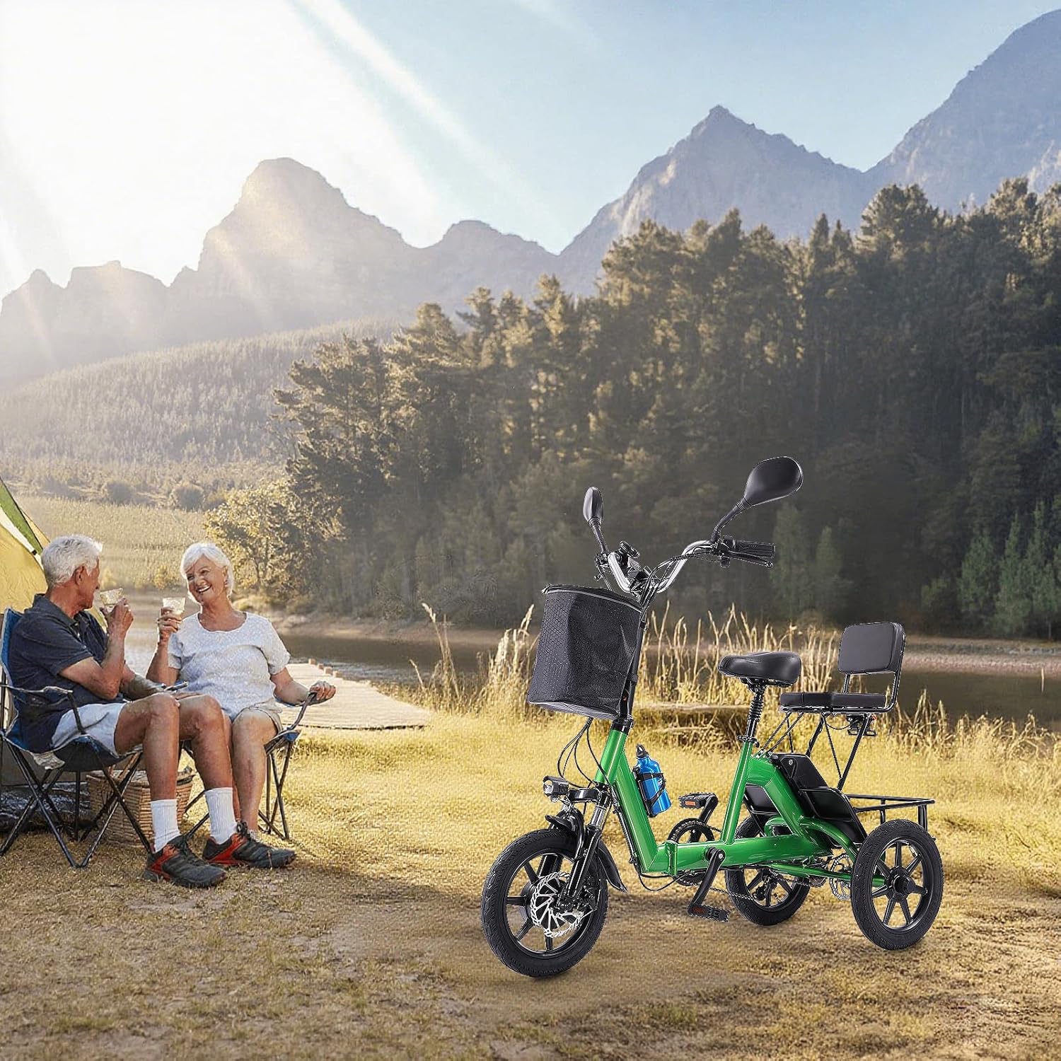 E Trike Electric Bike, 350W(Peak 500W) Brushless Motor Folding Trike, 2 Seats Ebike, 480Wh Removable Battery, Step-Thru 3 Wheel Electric Bicycle, Up to 45 Miles, Tricycle for Adults Parents