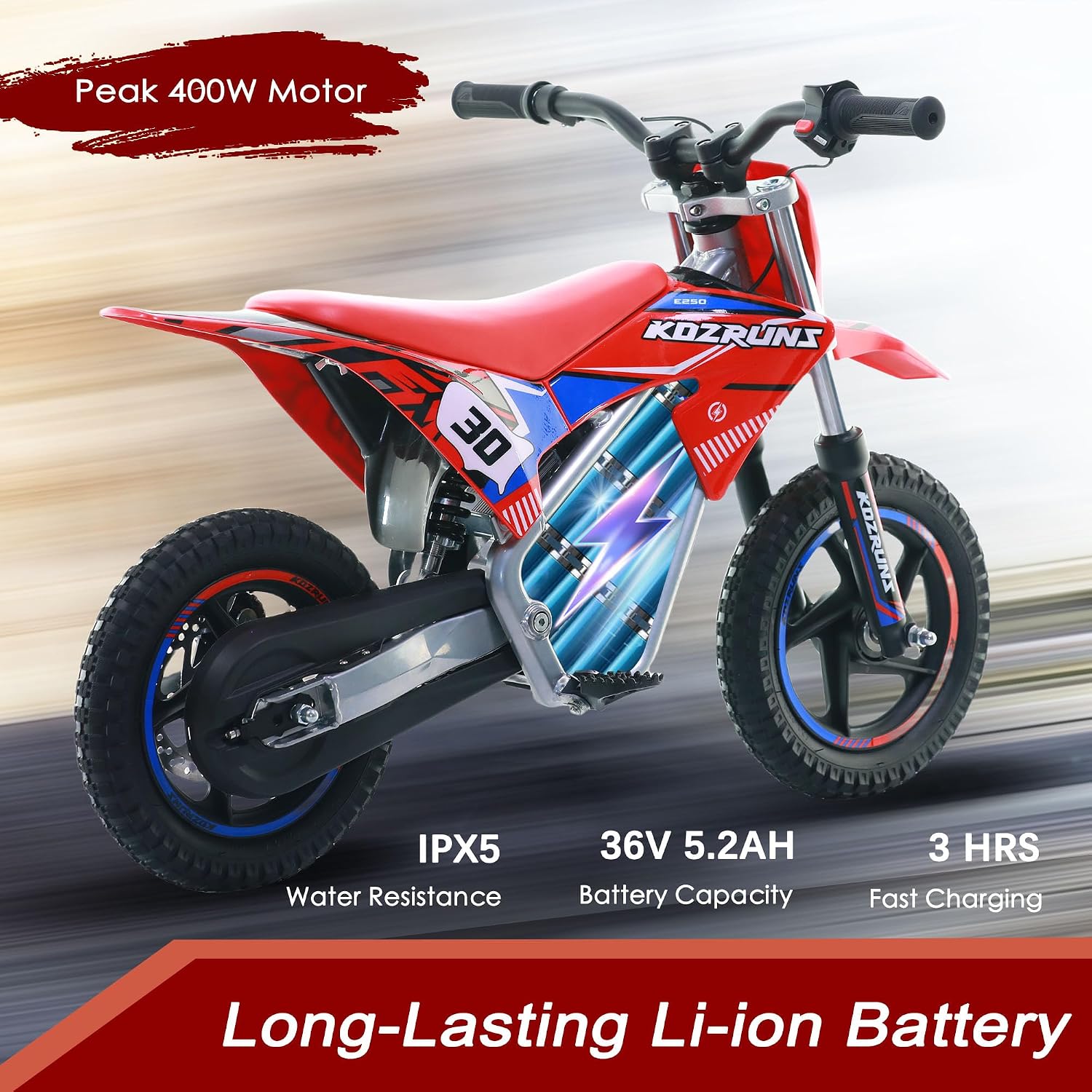 OLALA 36V Electric Dirt Bike for Kids 3-6, 250W Brushless Motor with 3-Speed Control, 15.5 MPH Max Speed, 12' Off-Road Tires Motorcycle, for Boys & Girls, Red