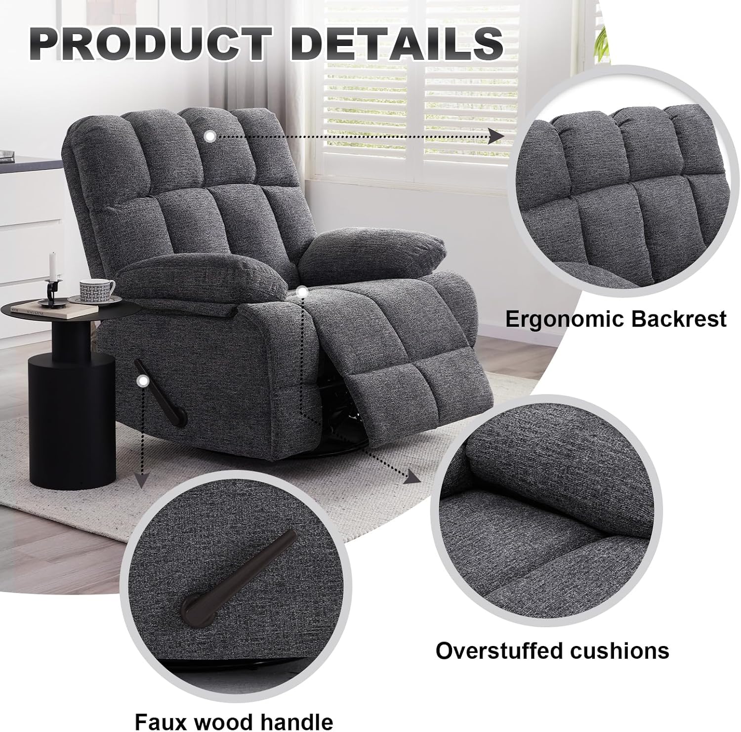 Eiayeebil Oversized Swivel Rocker Recliner Chair for Adult, Rock Recliner for 350lb Big Man, Extra Wide Manual Recliners, Overstuffed Soft Rocking Sofa Chair,Light Grey