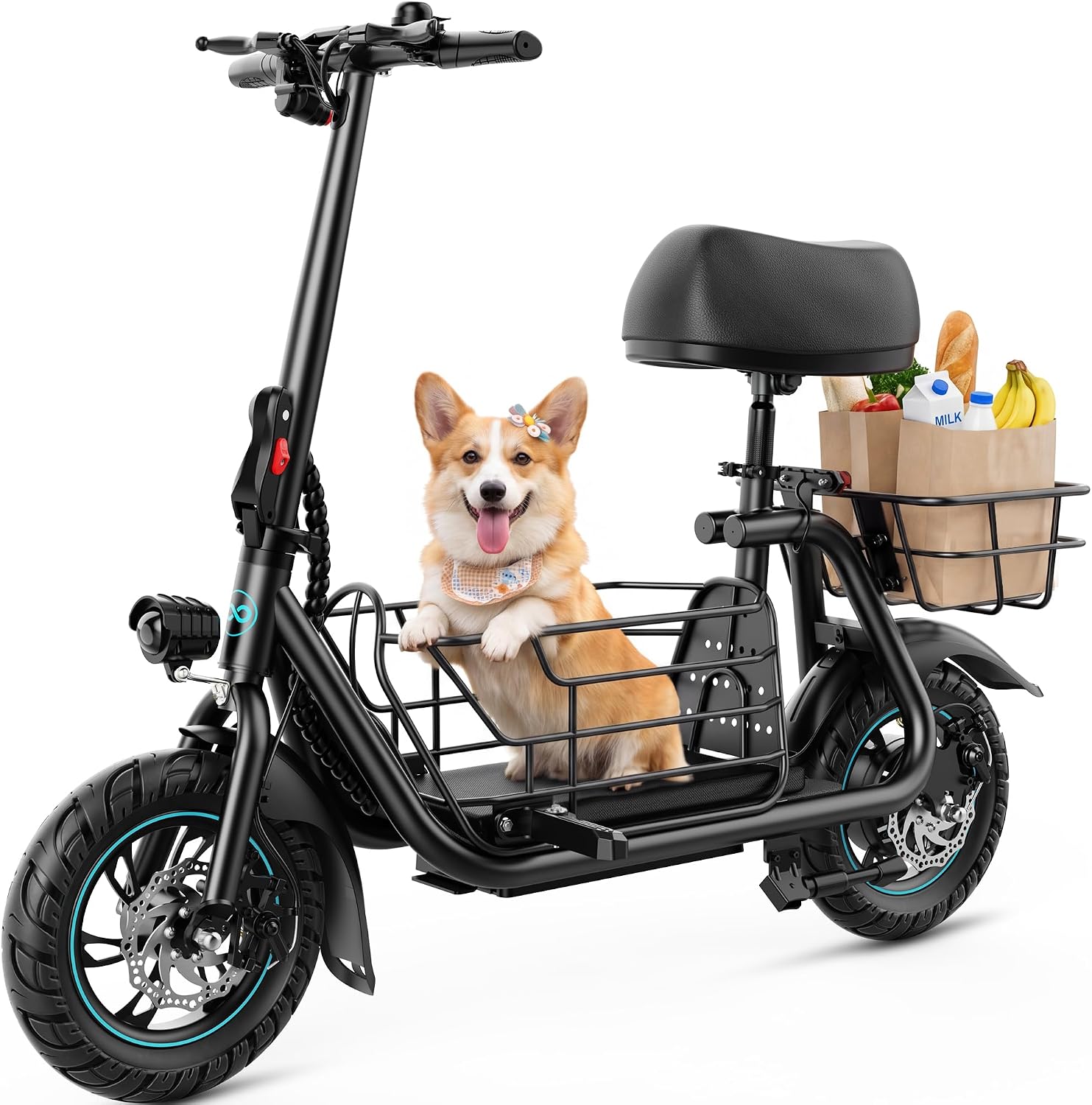 Gyroor C1S Electric Scooter with Seat for Adults - 550W Motor, Pet Basket, 19 MPH Top Speed, 20 Miles Range, 12' Pneumatic Tires, Foldable Commuting Scooter, Black