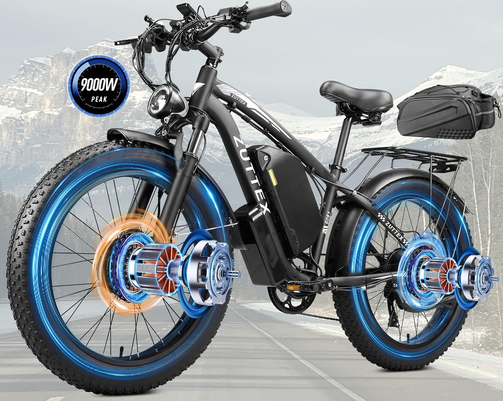 Dual Motor Ebike 9000W Peak with 58V Max-Output 36AH Battery for Adults 24' Fat Tire Smart Display 47MPH 35-105Miles Electric Bike with Frame Bag for Travel