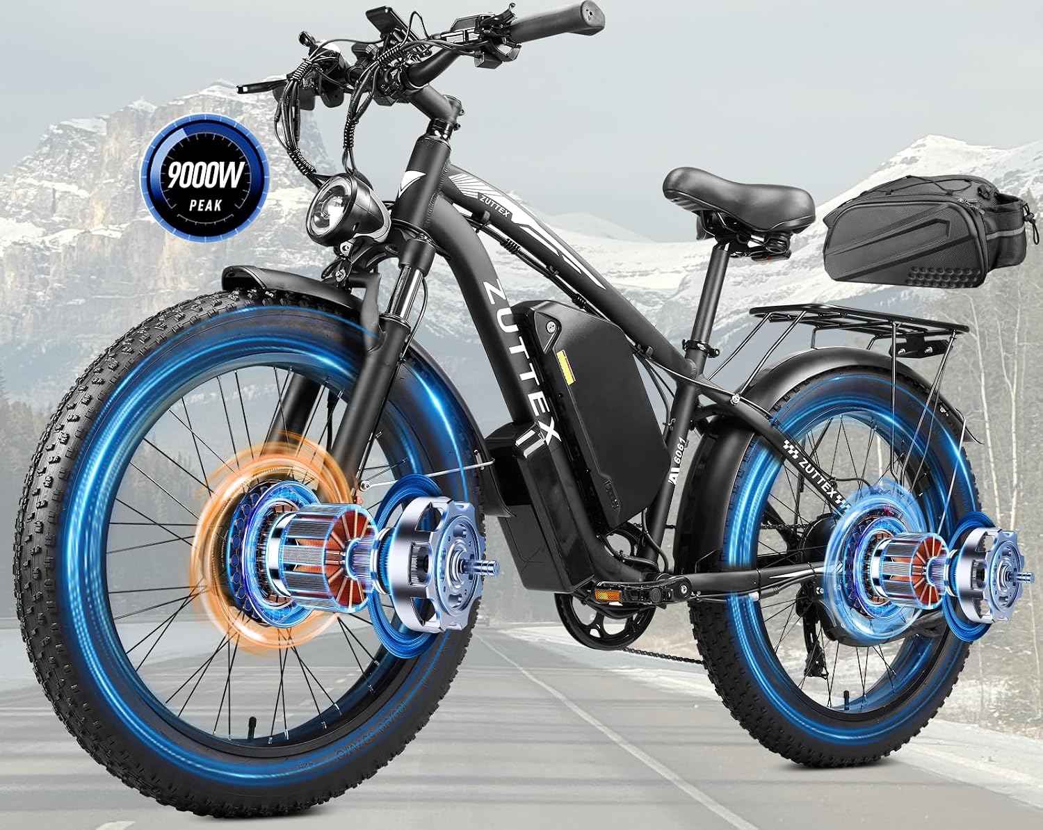 Dual Motor Ebike 9000W Peak with 58V Max-Output 36AH Battery for Adults 24' Fat Tire Smart Display 47MPH 35-105Miles Electric Bike with Frame Bag for Travel