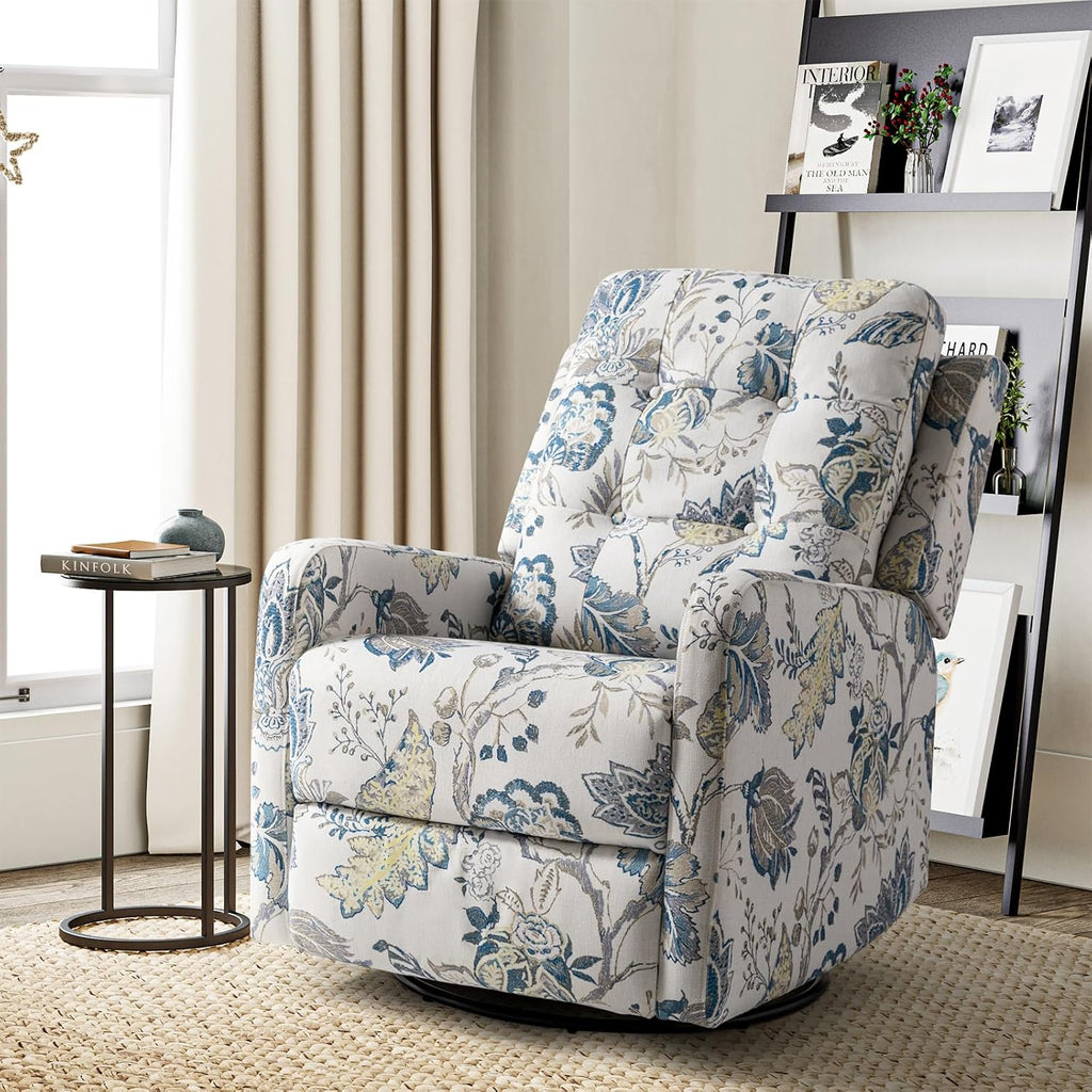 HULALA Home Recliner Chair Modern Printed Fabric for Living Room, Wingback Rocker Recliner Sofa Comfy Armchair 360 Degree Swivel, Nursery Rocking Chairs with Adjustable Backrest & Footrest/Blue