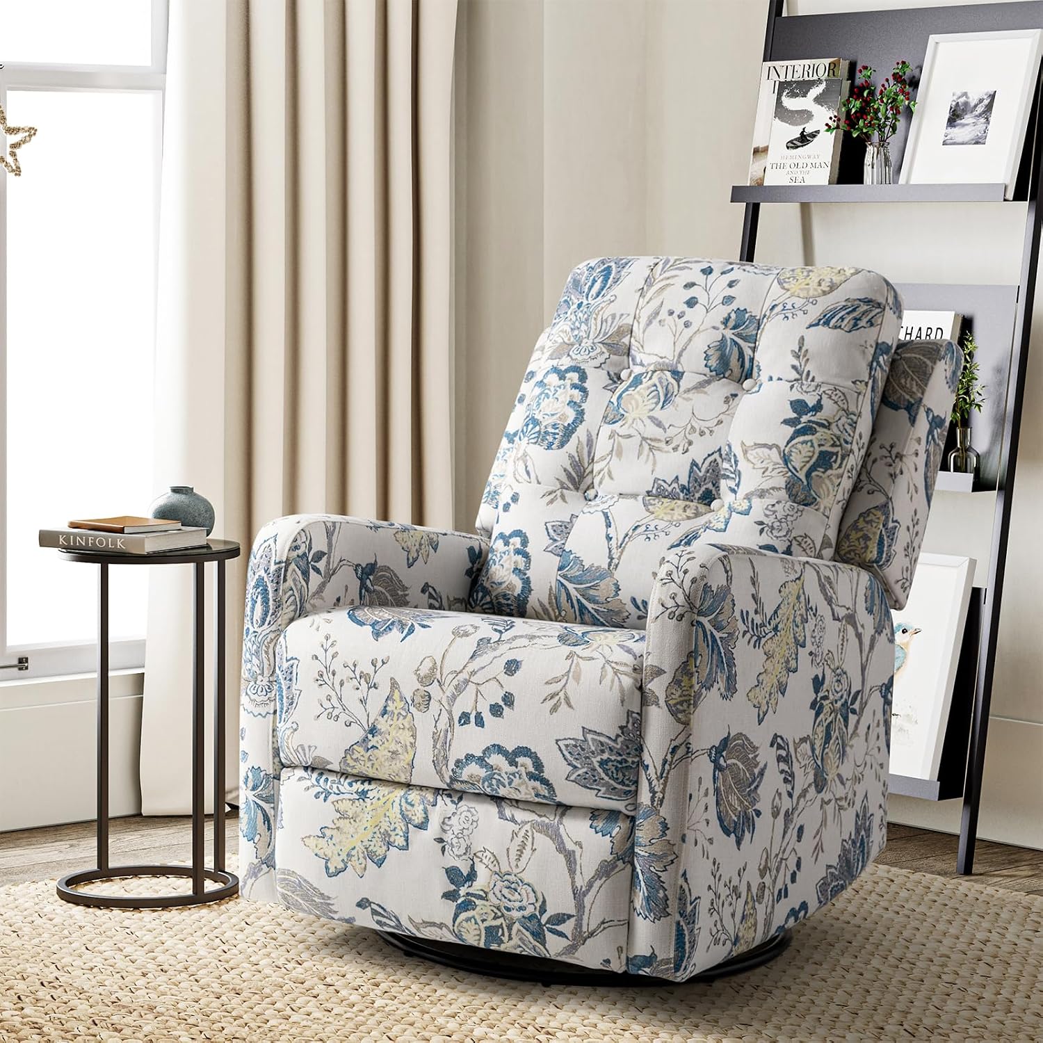 HULALA Home Recliner Chair Modern Printed Fabric for Living Room, Wingback Rocker Recliner Sofa Comfy Armchair 360 Degree Swivel, Nursery Rocking Chairs with Adjustable Backrest & Footrest/Blue