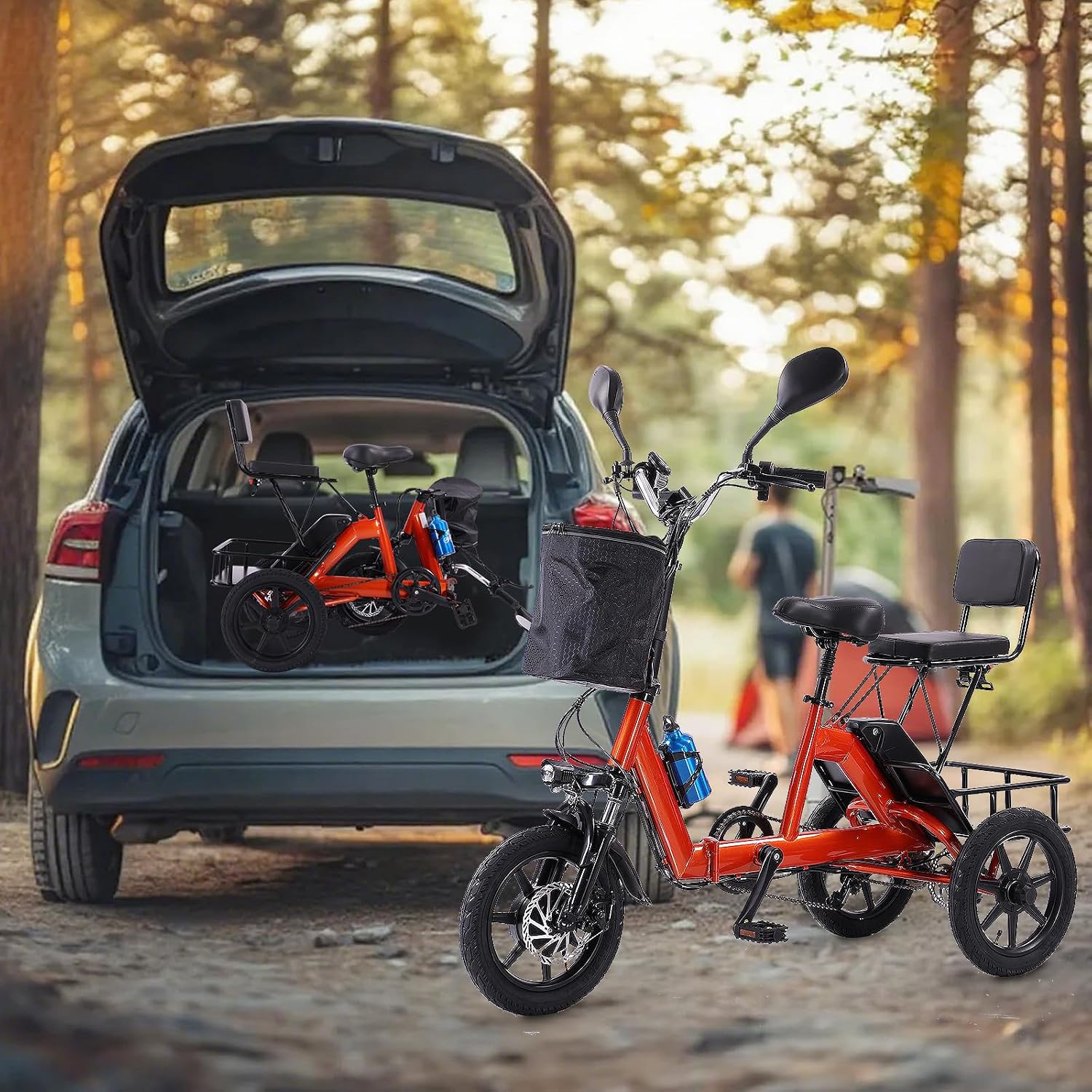 E Trike Electric Bike, 350W(Peak 500W) Brushless Motor Folding Trike, 2 Seats Ebike, 480Wh Removable Battery, Step-Thru 3 Wheel Electric Bicycle, Up to 45 Miles, Tricycle for Adults Parents