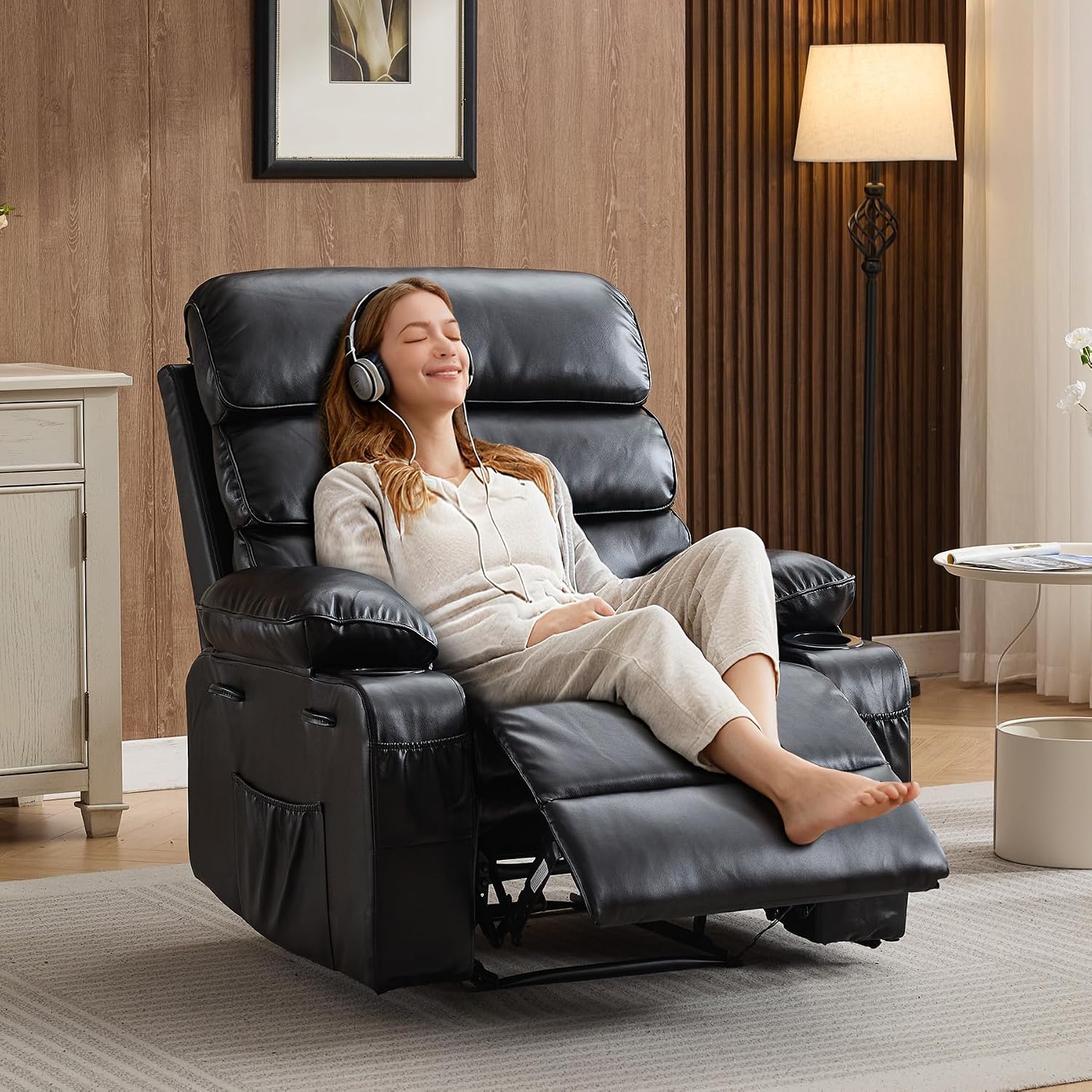 PU Leather Extra Wide Manual Recliner for Adults with Massage and Heat, Large Lazy Chair with 1.5X Sponge Comfort Arm and Back for Living Room, Bedroom