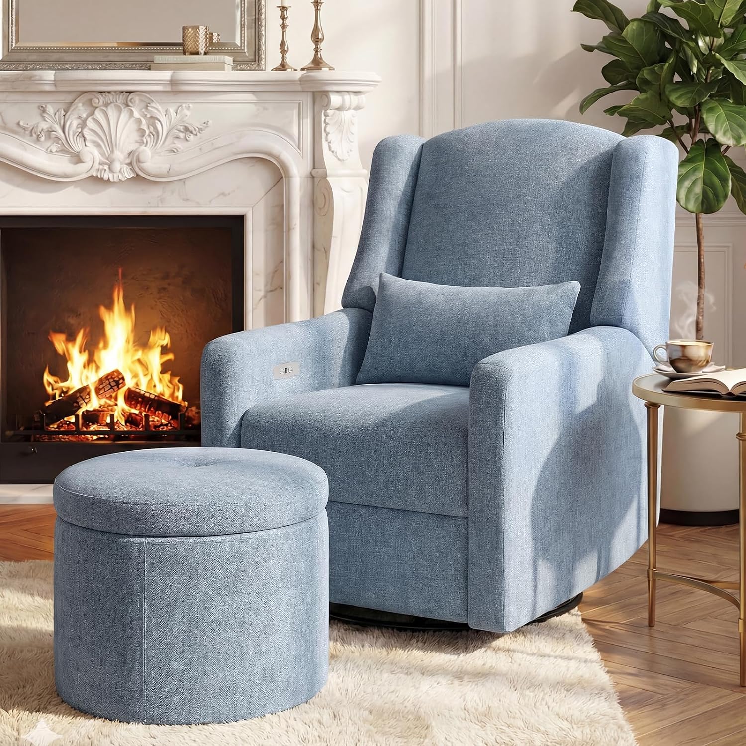 Power Glider Recliner Nursery Chair w/USB Ports, Soft Chenille Glider Rocking Chair with Ottoman, Swivel Glider Chair with Lumbar Pillow for for Nursery, Blue