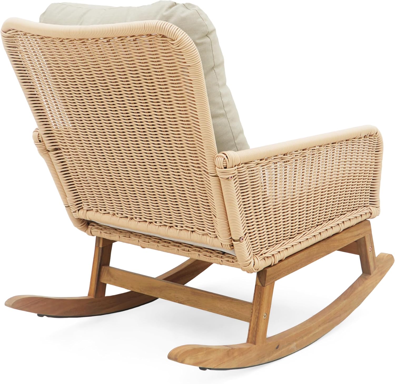 Christopher Knight Home Nadine Patio Rocking Chairs Set of 2, Wicker Rocker, Wood Rocking Chair, PE Rattan Wick Chair, Rocking Chair with Cushions, Comfort Wicker Rocker for Backyard Balcony, Beige