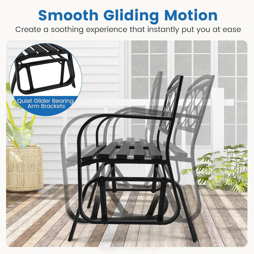 Tangkula 2-Person Outdoor Glider Bench, Patio Rocking Loveseat Chair with Metal Frame, Armrests, Geometric Backrest and Slatted Seat for Porch, Garden, Deck and Backyard