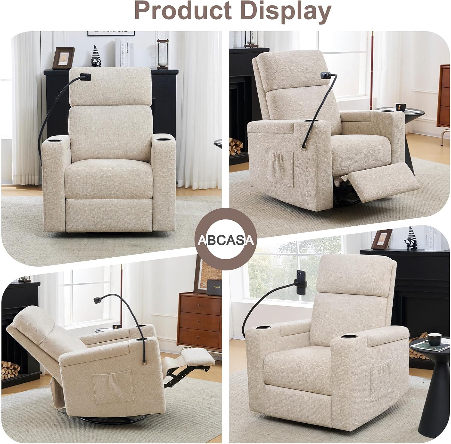 ABCASA Power Recliner Rocking Chair Nursery Glider, Swivel Reclining Nursery Rockers for Baby Room & Living Room, Chenille Chair with Phone Holder, USB/Type-C Ports, Arm Storage, Light Brown