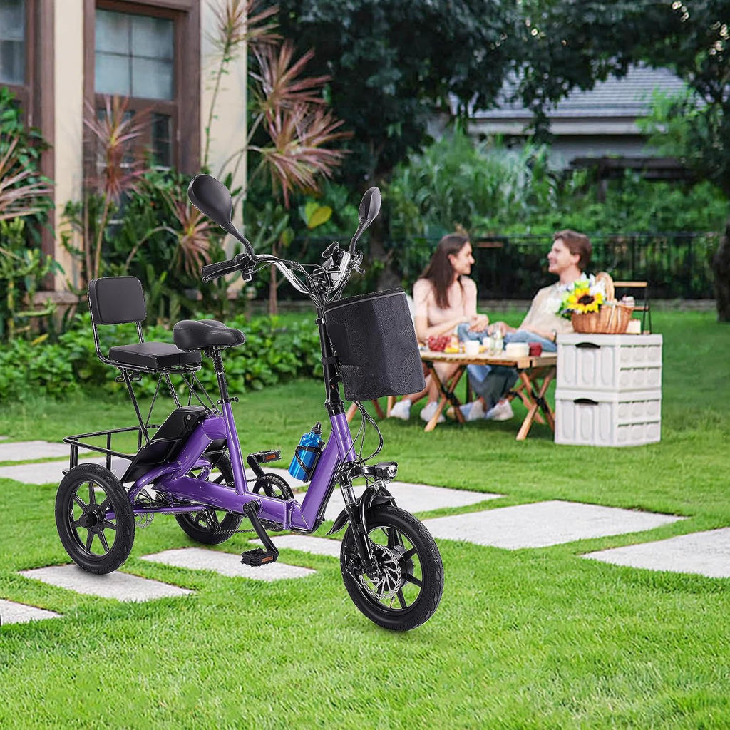 E Trike Electric Bike, 350W(Peak 500W) Brushless Motor Folding Trike, 2 Seats Ebike, 480Wh Removable Battery, Step-Thru 3 Wheel Electric Bicycle, Up to 45 Miles, Tricycle for Adults Parents