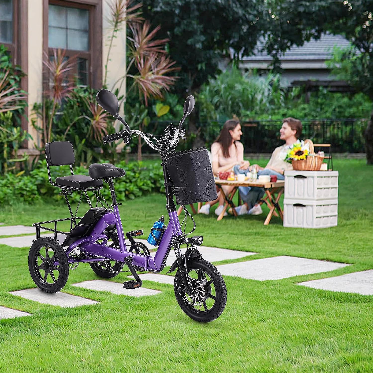 E Trike Electric Bike, 350W(Peak 500W) Brushless Motor Folding Trike, 2 Seats Ebike, 480Wh Removable Battery, Step-Thru 3 Wheel Electric Bicycle, Up to 45 Miles, Tricycle for Adults Parents
