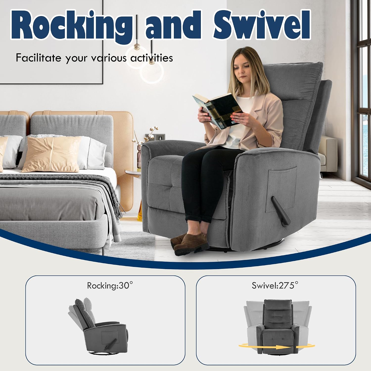 Manual Rocker Recliner Chair Nursery Glider Chair for Adult with High Back&Deep Seat Swivel Rocking Recliner Chair for Living Room Bedroom RV Nursing Grey
