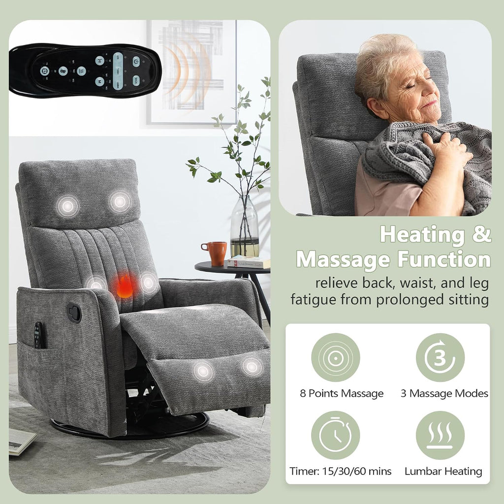 cinkehome Heated Massage Swivel Rocker Recliner Chair for Nursery - Small Space Reclining Chair with Lumbar Support, 360° Swivel & Gentle Rocking, Ergonomic High Back Chenille Fabric Gray