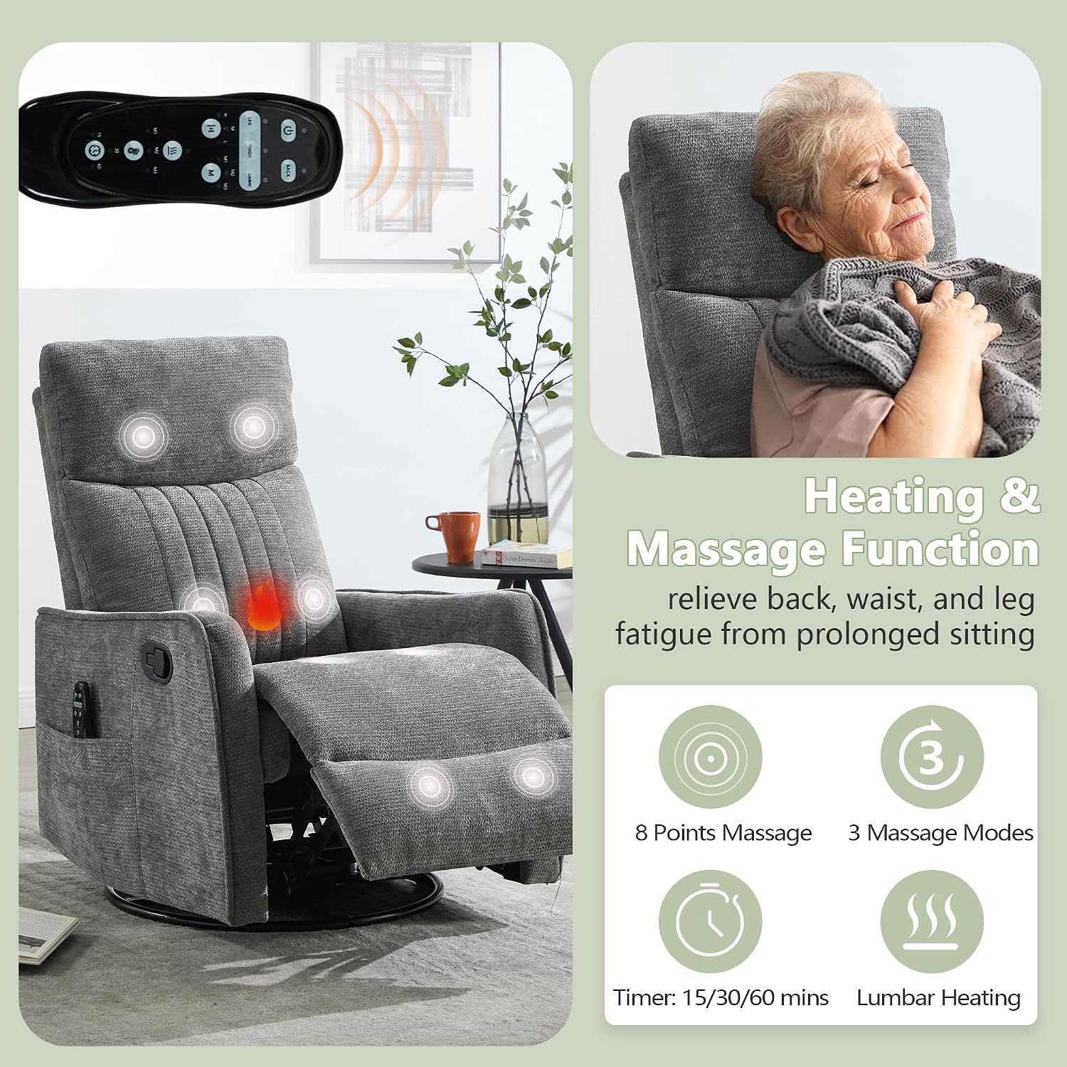 cinkehome Heated Massage Swivel Rocker Recliner Chair for Nursery - Small Space Reclining Chair with Lumbar Support, 360° Swivel & Gentle Rocking, Ergonomic High Back Chenille Fabric Gray