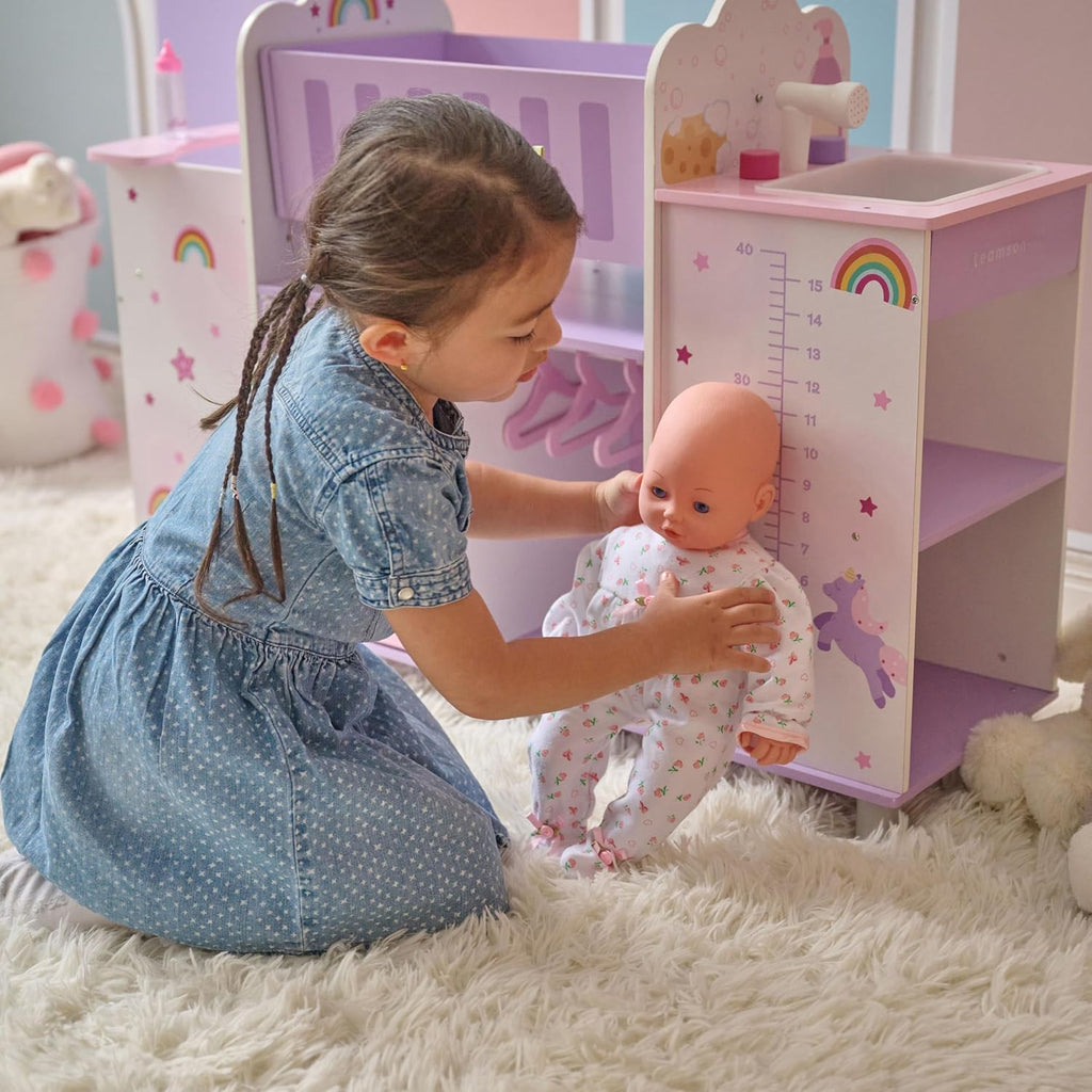 Olivia's Little World Fantasy Care Doll Nursery 6-in-1 Unicorn Themed Baby Station with Cradle, Washer, High Chair, Sink & Closet with 3 Wooden Hangers for Pretend Play, for Girls Ages 3 and Up