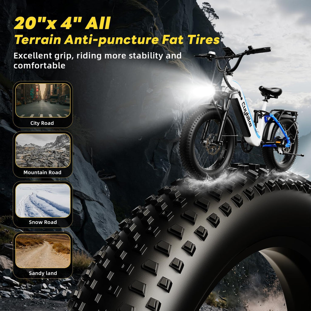 Electric Bike for Adults 1400W Peak, 48V 20AH(960WH) Removable Battery, 20'x4' Fat Tire 80 Miles Range Step-Thru 30+MPH Hunting Ebike, 7-Speed Dual Brakes Electric Bicycle White with Rear Basket
