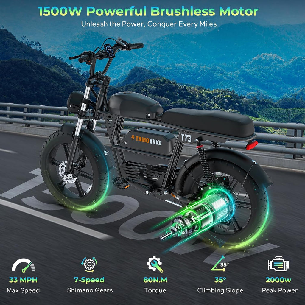 Tamobyke Premium T73 Series Electric Bike for Adults,48V15Ah/36Ah/41Ah Large Battery,1000W/1500W/3000W Powerful Motor, 28/33/37.5Mph Max Speed,20''*4'' Fat Tire E-Bike for Commute/Off-Road. Age 15+.