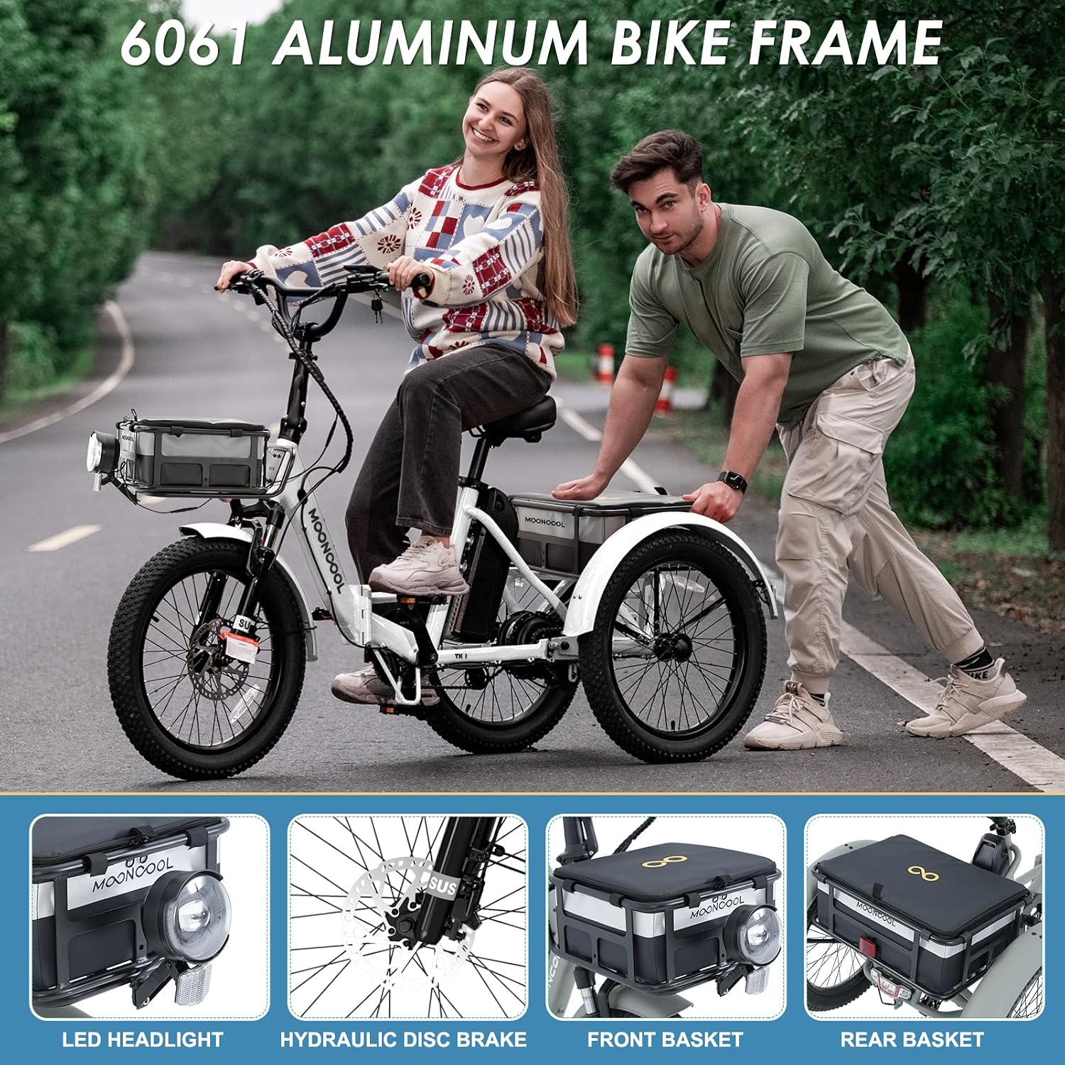 MOONCOOL Folding Electric Tricycle for Adults, 48V 500W 3 Wheels Electric Trike, Aluminum Frame Electric Tricycle Adult Bicycle with Removable Battery, Storage Bags Included