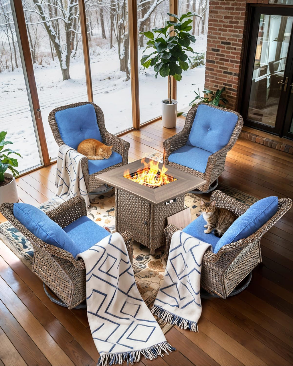 Outdoor Patio Swivel Gliders with Fire Pit Table 5 Piece Set - High Back Brown Wicker Rattan Rocking Chair with Thick Cushion for Porch Apartment Deck Yard Poolside Garden - Navy Blue